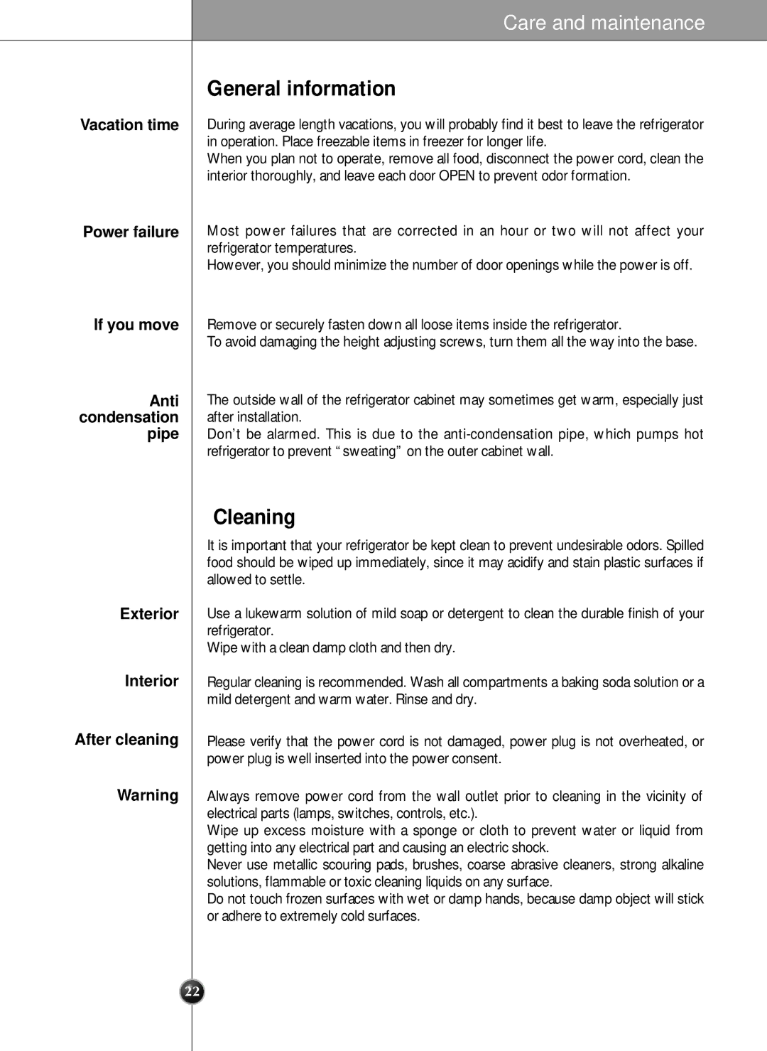 LG Electronics SXS manual General information, Cleaning, Vacation time, Power failure If you move Anti Condensation Pipe 