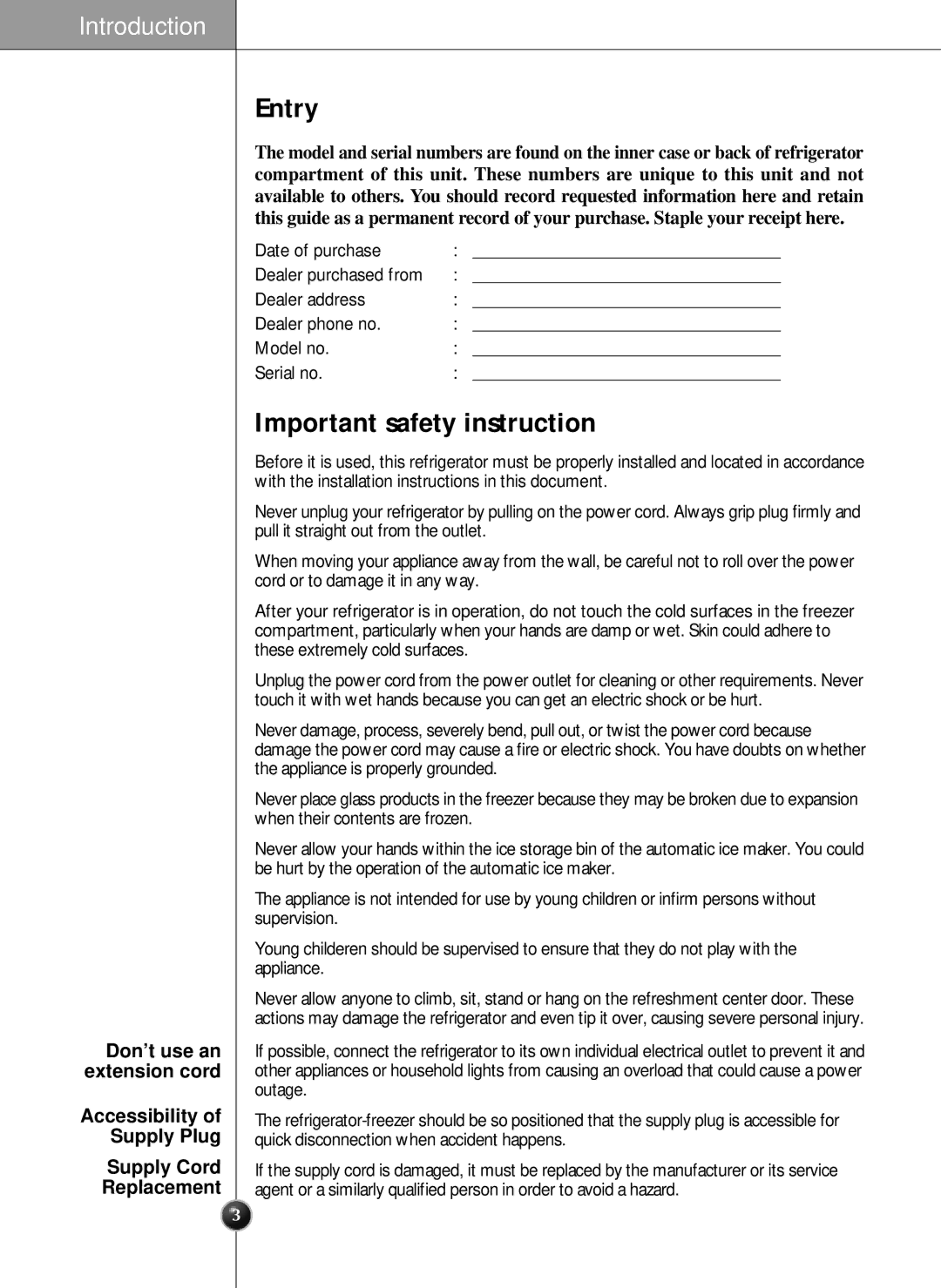 LG Electronics SXS manual Entry, Important safety instruction, Supply Cord Replacement 