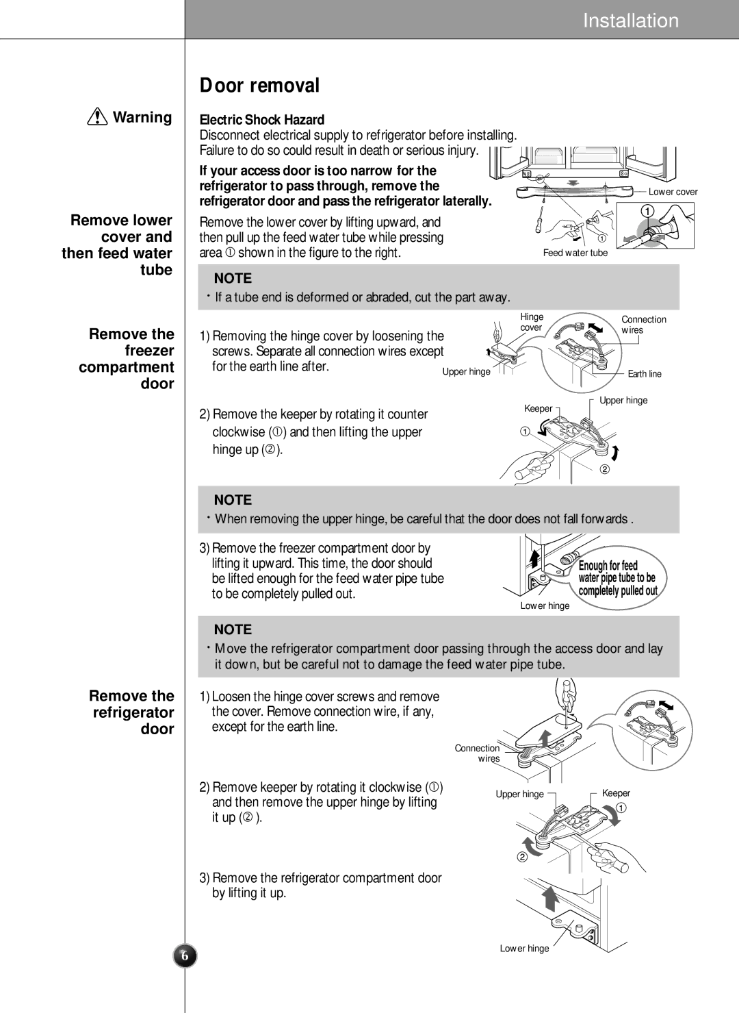 LG Electronics SXS manual Door removal, Then feed water, Tube, Compartment Door 