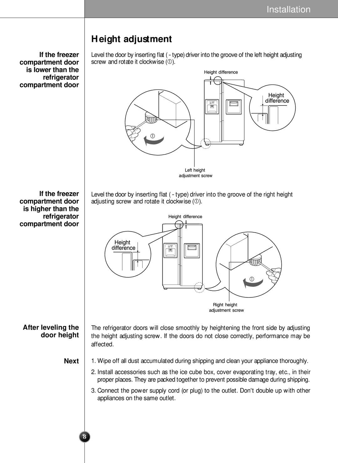 LG Electronics SXS manual Height adjustment, If the freezer Compartment door, Compartment door If the freezer, Next 