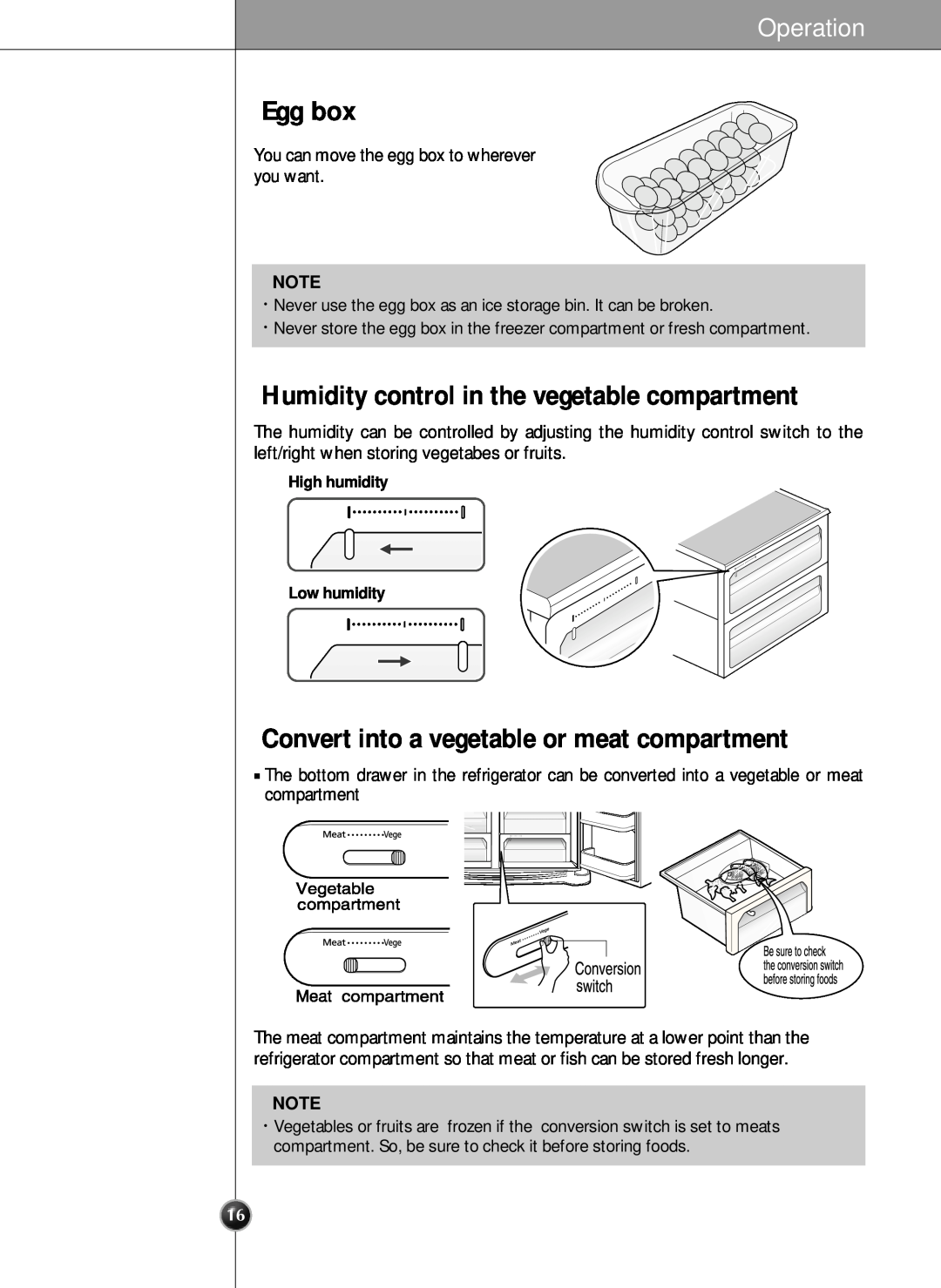 LG Electronics SXS Egg box, Humidity control in the vegetable compartment, Convert into a vegetable or meat compartment 