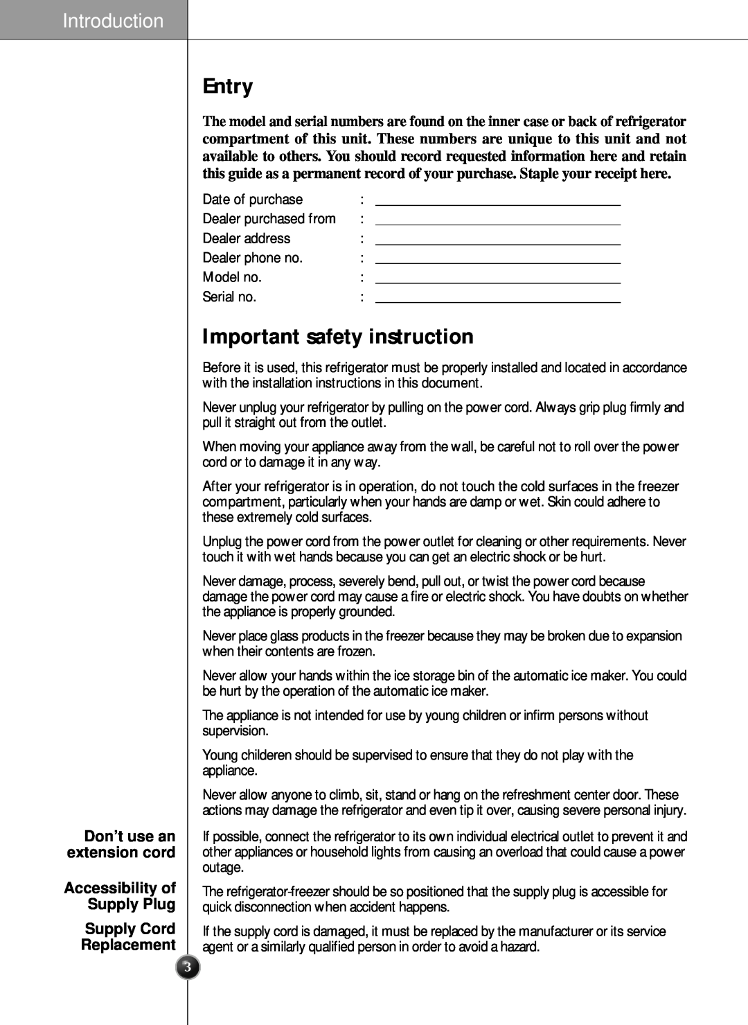 LG Electronics SXS manual Entry, Important safety instruction, Introduction, Supply Cord Replacement 