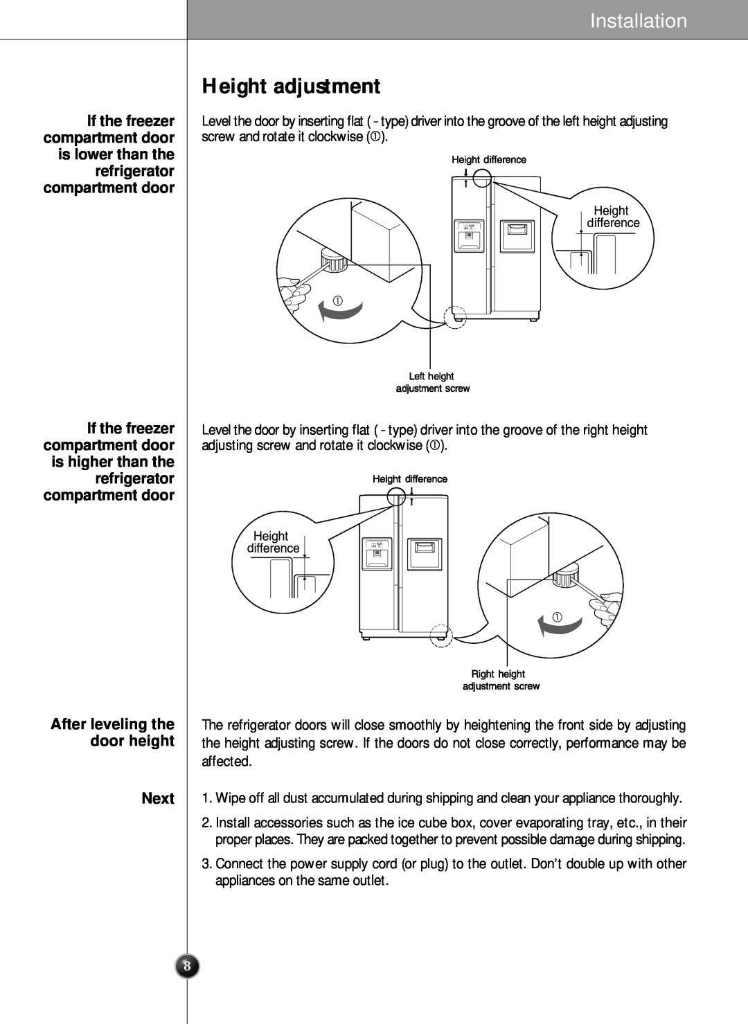 LG Electronics SXS Height adjustment, If the freezer compartment door, compartment door If the freezer, Next, Installation 