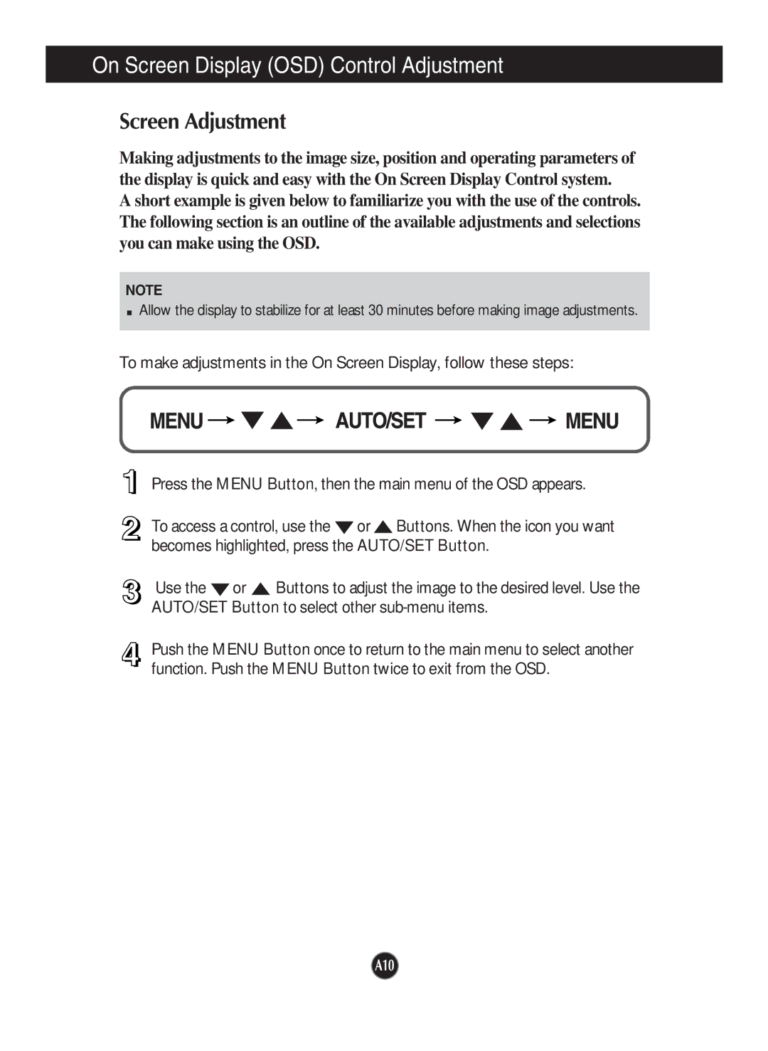 LG Electronics T1710B, T1910B owner manual On Screen Display OSD Control Adjustment, Screen Adjustment 