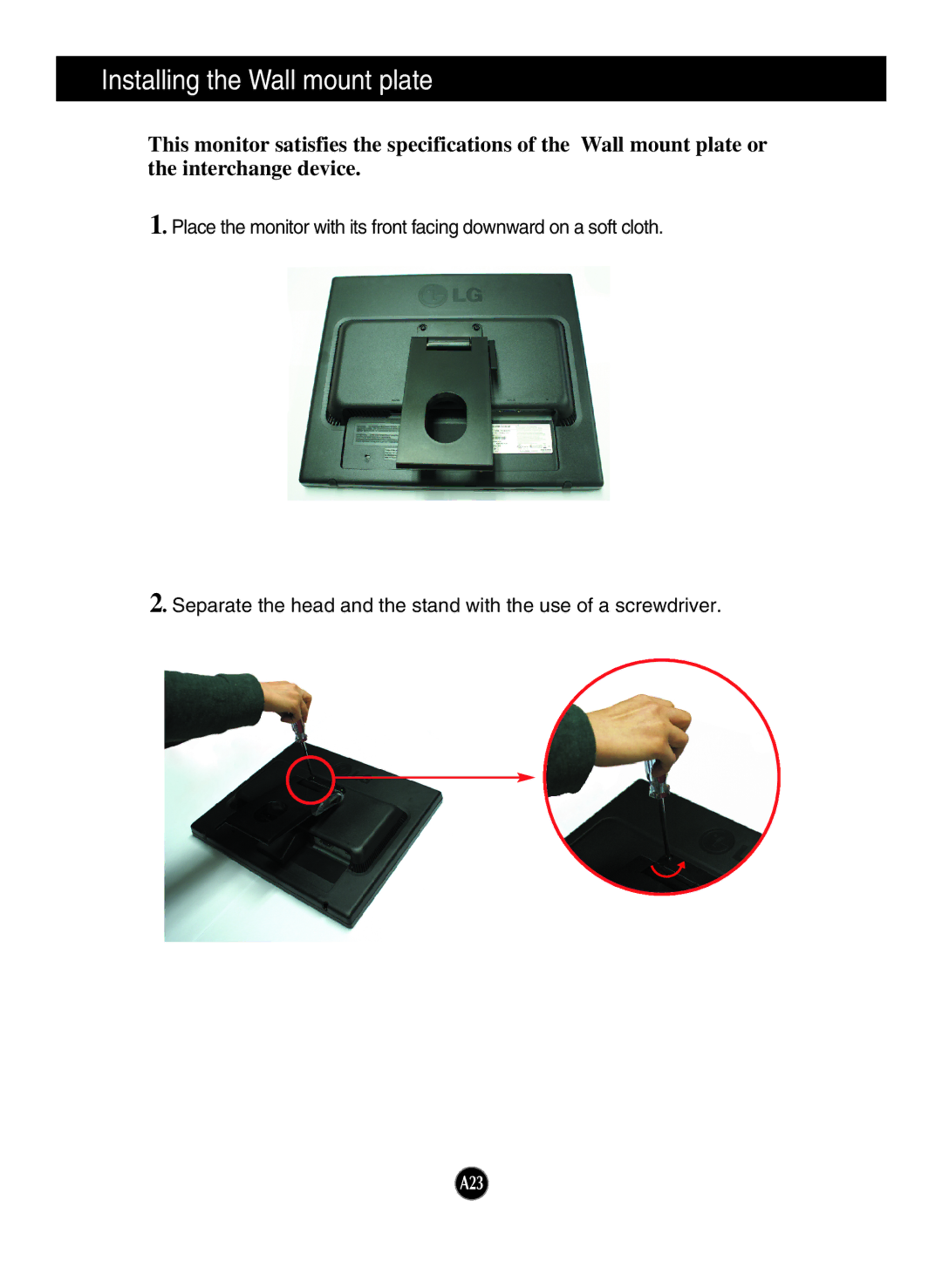 LG Electronics T1910B, T1710B owner manual Installing the Wall mount plate 