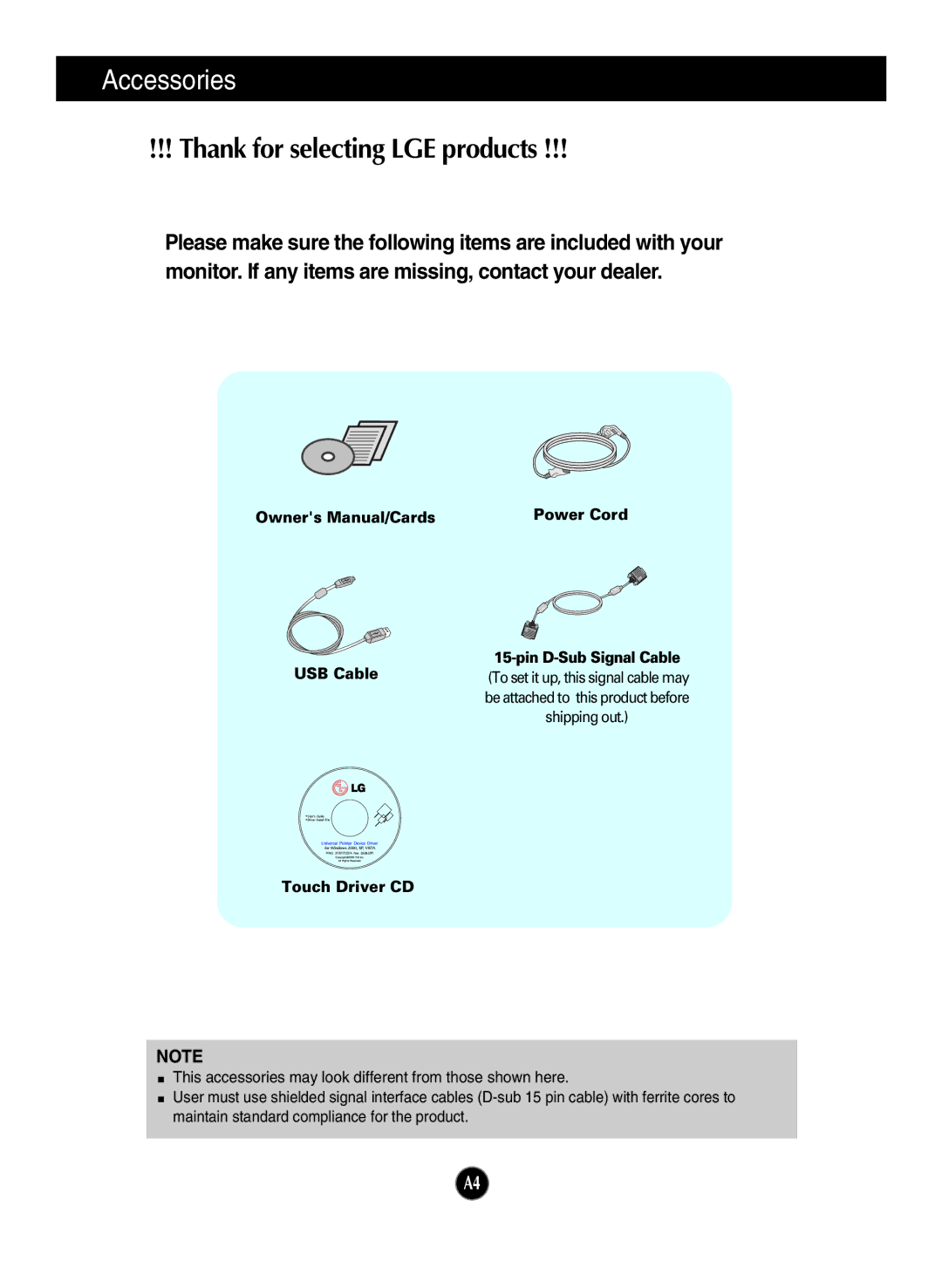 LG Electronics T1710B, T1910B owner manual Accessories, Thank for selecting LGE products 