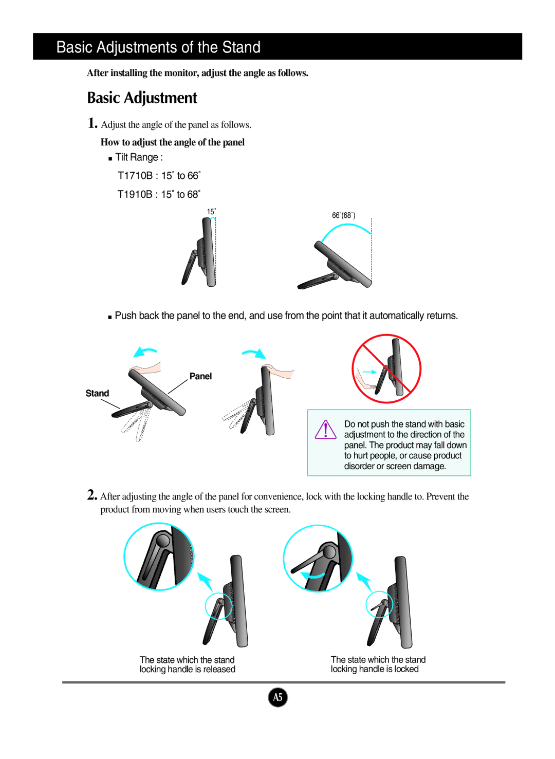 LG Electronics T1910B, T1710B owner manual Basic Adjustments of the Stand 