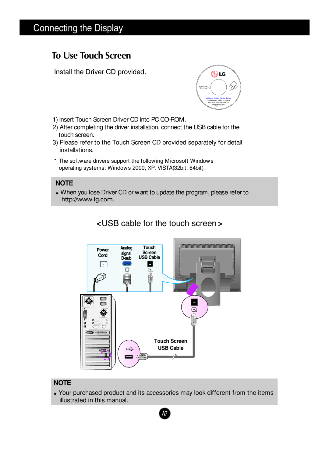 LG Electronics T1910B, T1710B owner manual To Use Touch Screen, Install the Driver CD provided 