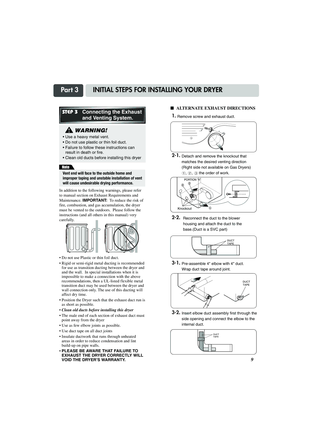 LG Electronics TD-V10159G, TD-V10155G, TD-V10150G manual Venting System, Clean old ducts before installing this dryer 