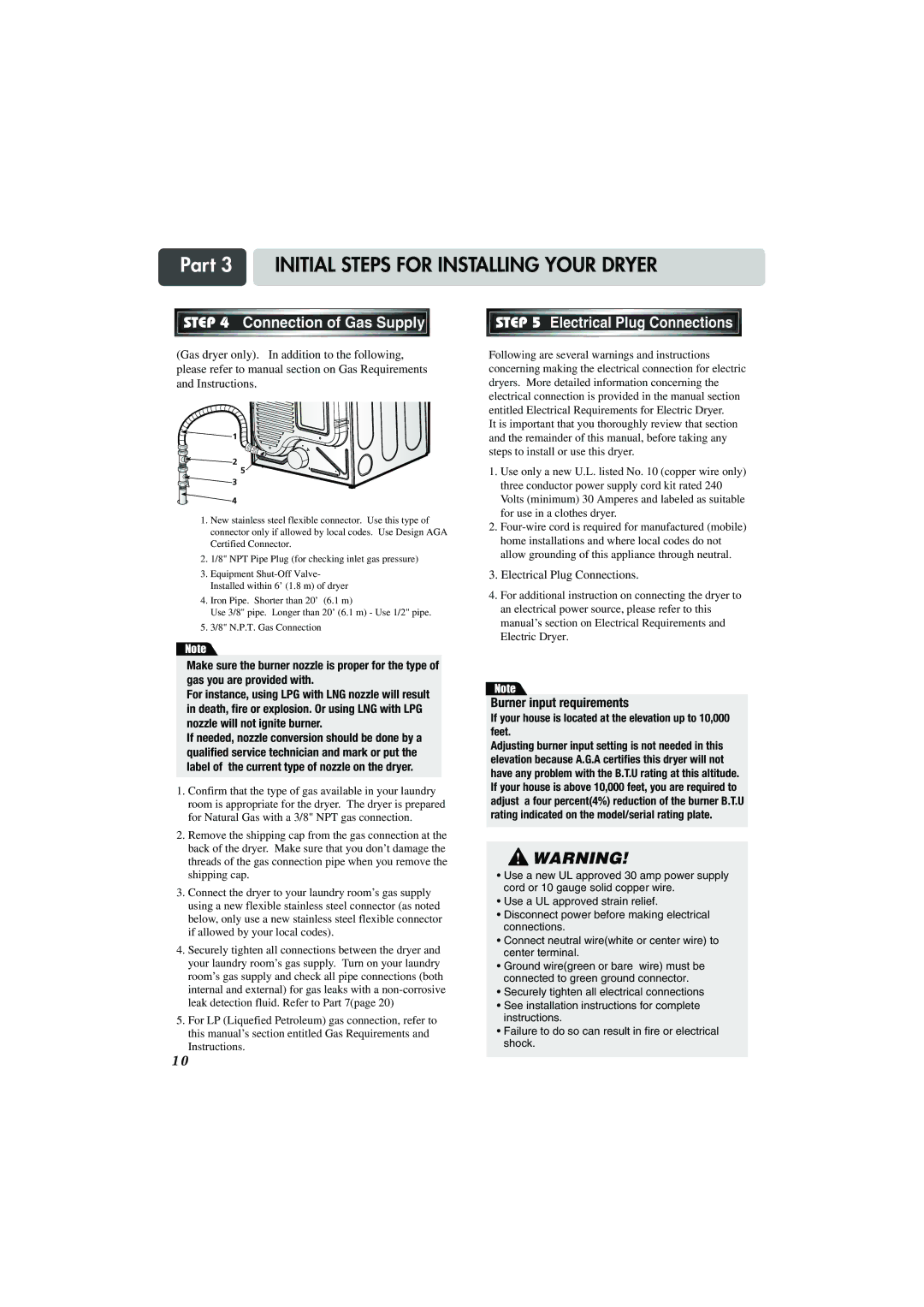 LG Electronics TD-V10150G, TD-V10155G, TD-V10159G manual Connection of Gas Supply, Electrical Plug Connections 