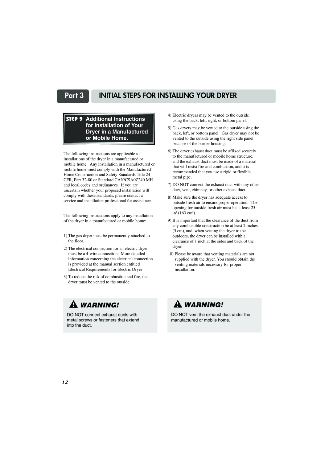 LG Electronics TD-V10159G, TD-V10155G, TD-V10150G manual Part 3 Initial Steps for Installing Your Dryer 