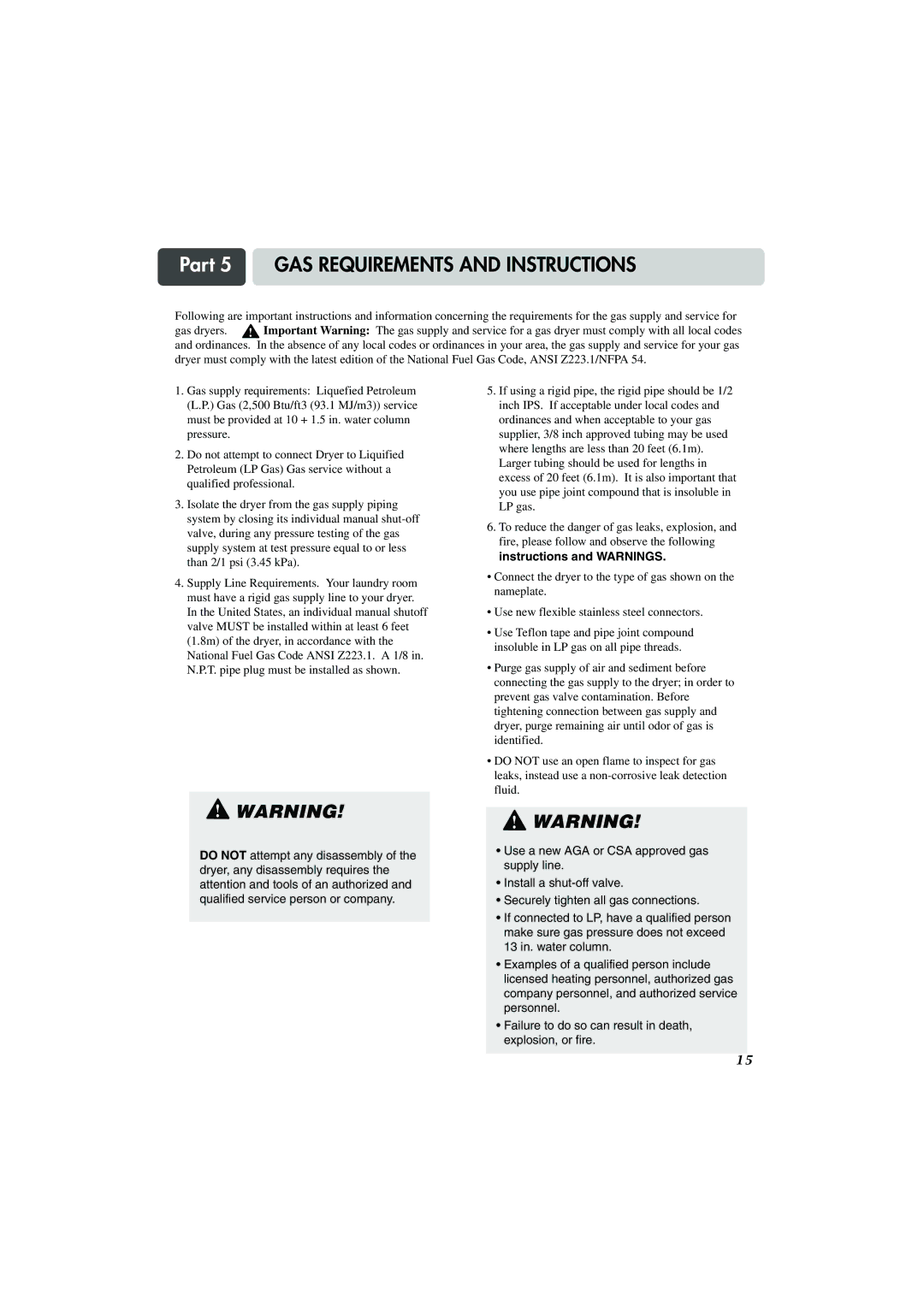 LG Electronics TD-V10159G, TD-V10155G, TD-V10150G manual Part 5 GAS Requirements and Instructions 