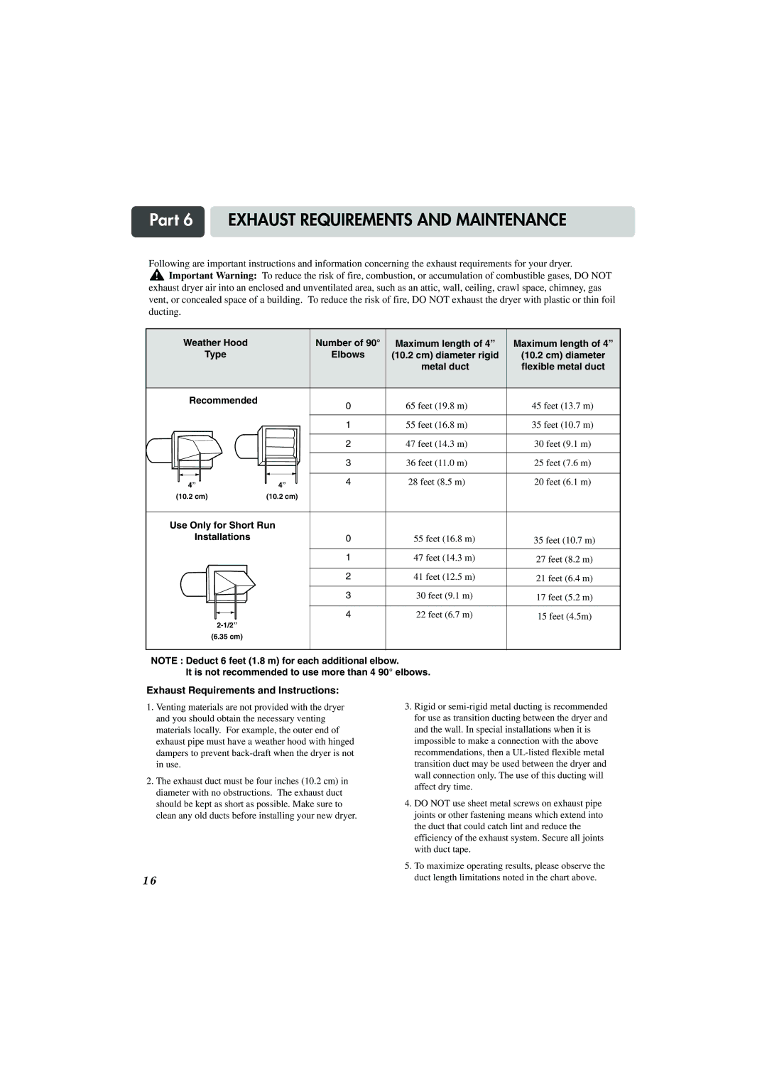 LG Electronics TD-V10150G, TD-V10155G Part 6 Exhaust Requirements and Maintenance, Exhaust Requirements and Instructions 