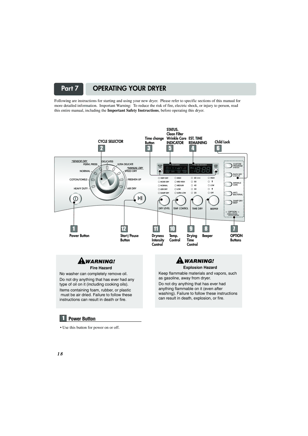 LG Electronics TD-V10159G, TD-V10155G, TD-V10150G Part 7 Operating Your Dryer, Power Button, Fire Hazard, Explosion Hazard 