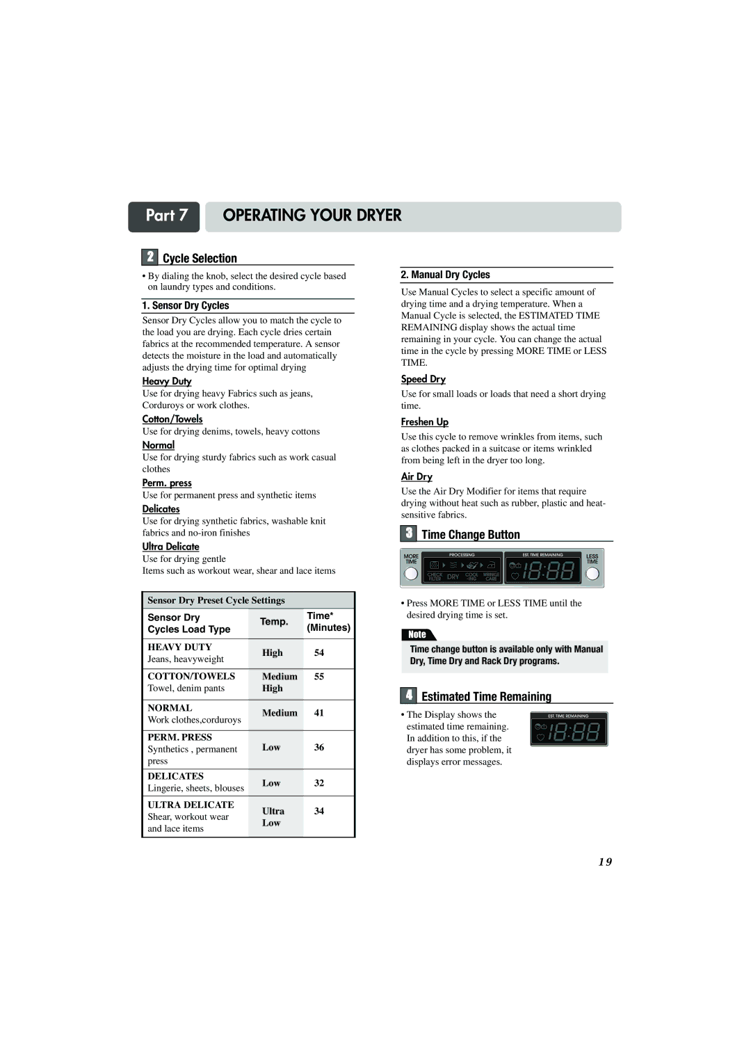 LG Electronics TD-V10150G, TD-V10155G manual Cycle Selection, Time Change Button, Estimated Time Remaining, Sensor Dry Temp 