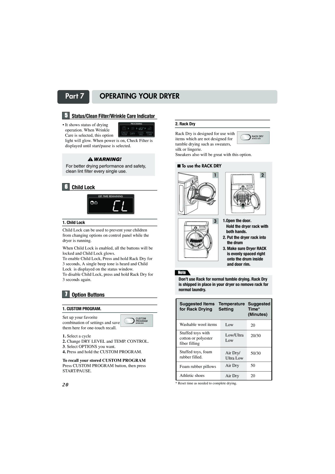 LG Electronics TD-V10155G, TD-V10159G, TD-V10150G manual Child Lock, Option Buttons 