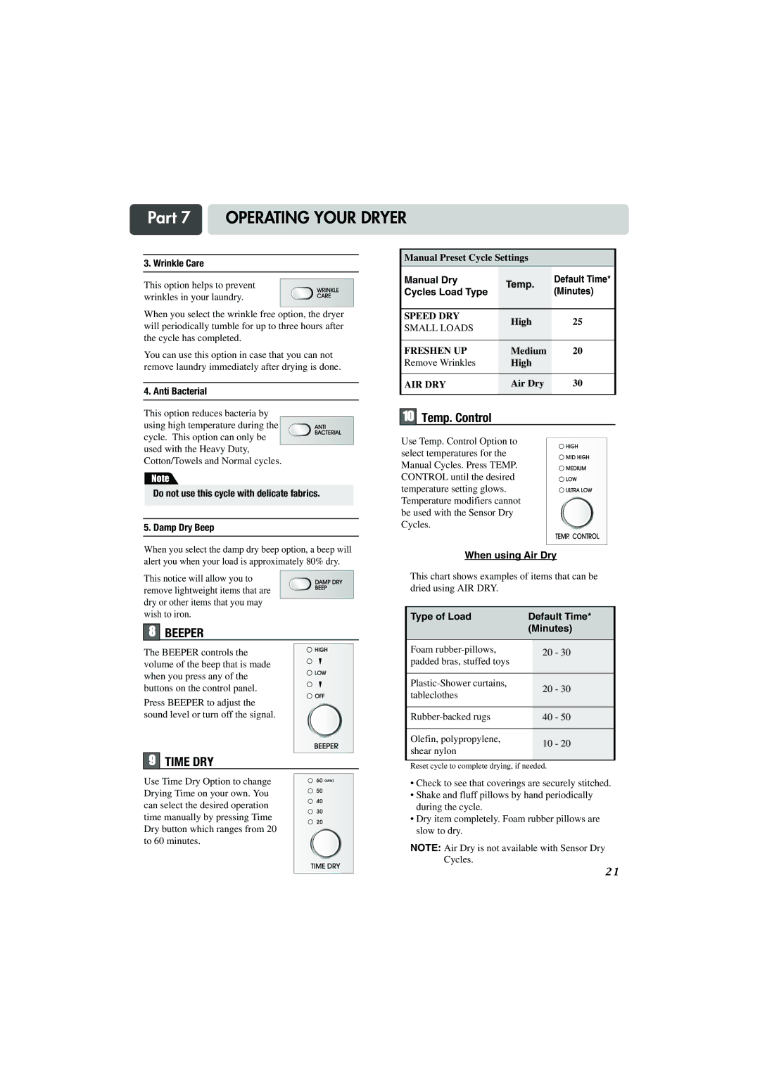 LG Electronics TD-V10159G manual Temp. Control, Manual Dry Temp, When using Air Dry, Type of Load Default Time Minutes 