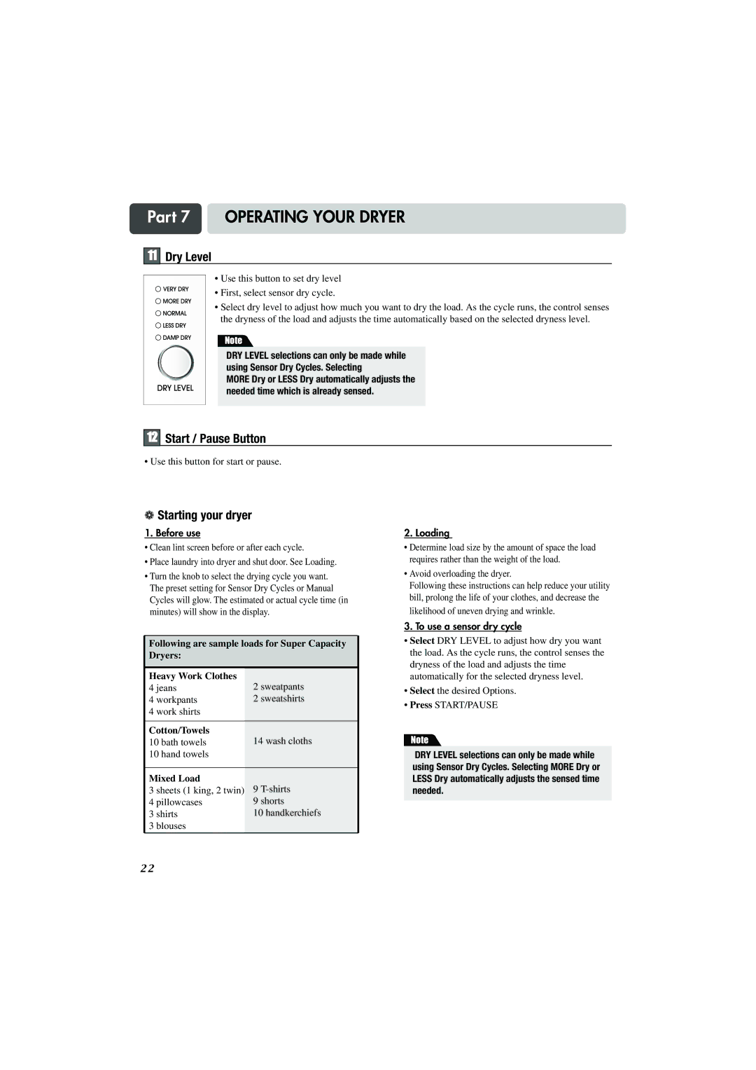 LG Electronics TD-V10150G, TD-V10155G, TD-V10159G manual Dry Level, Start / Pause Button, Starting your dryer 