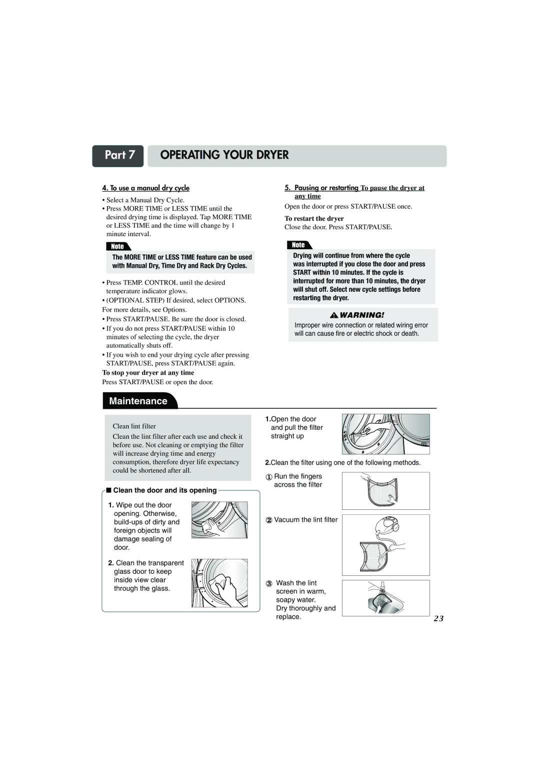 LG Electronics TD-V10155G, TD-V10159G, TD-V10150G To use a manual dry cycle, Clean the door and its opening 