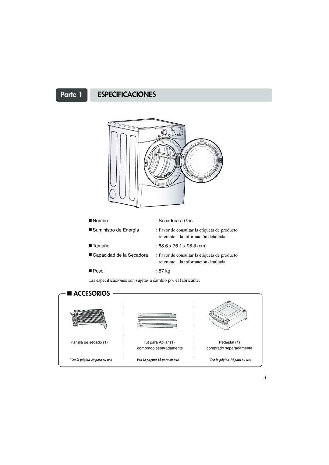 LG Electronics TD-V10150G, TD-V10155G, TD-V10159G manual Parte 1 Especificaciones, Accesorios 