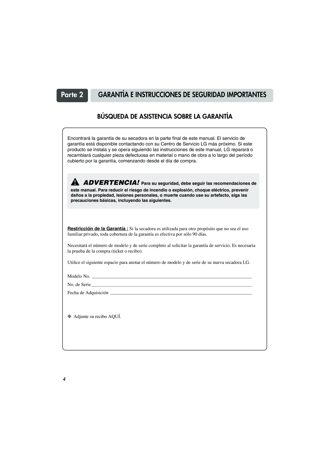 LG Electronics TD-V10155G, TD-V10159G, TD-V10150G manual Parte 2 Garantía E Instrucciones DE Seguridad Importantes 