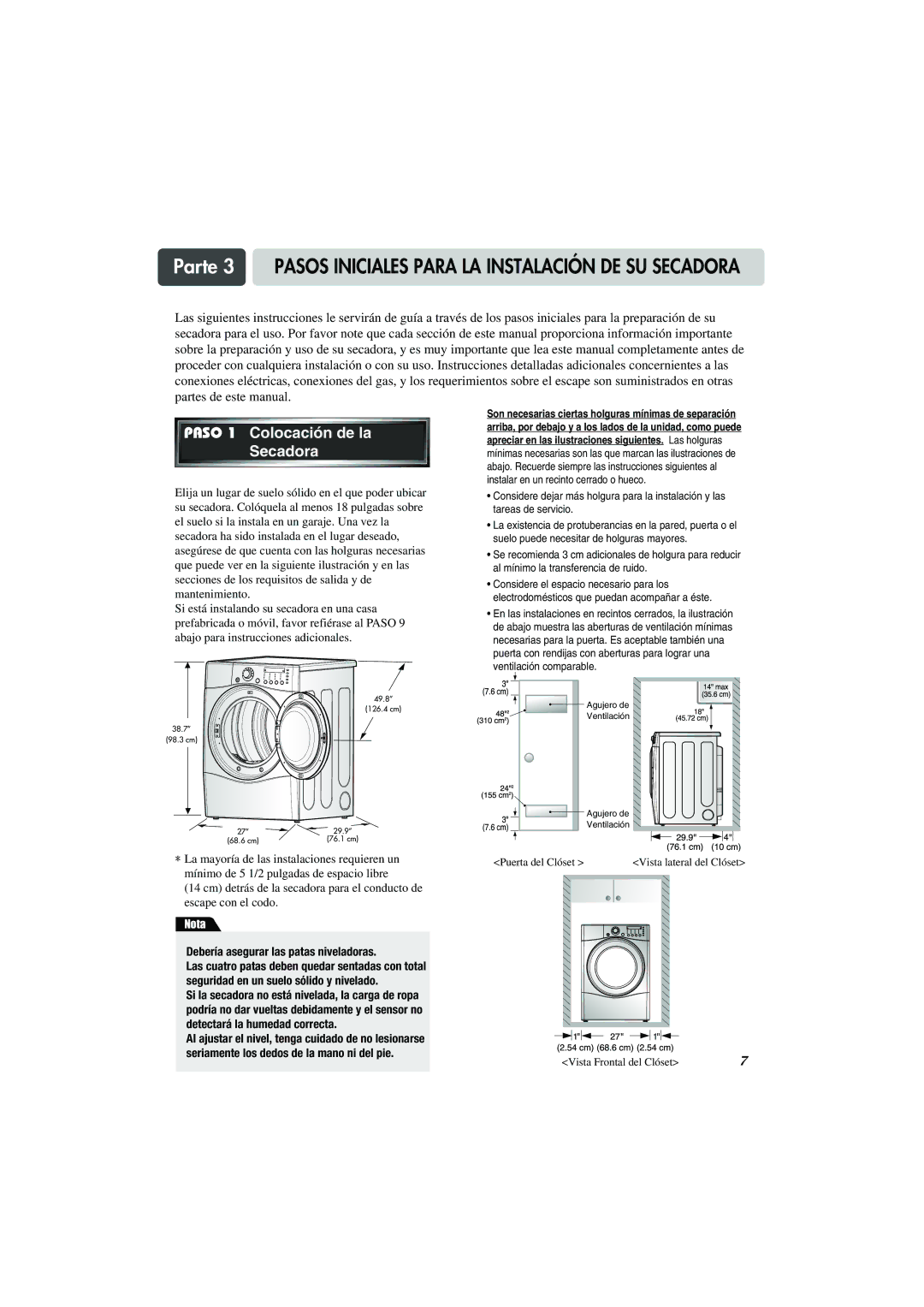 LG Electronics TD-V10155G, TD-V10159G, TD-V10150G manual Parte 3 Pasos Iniciales Para LA Instalación DE SU Secadora 