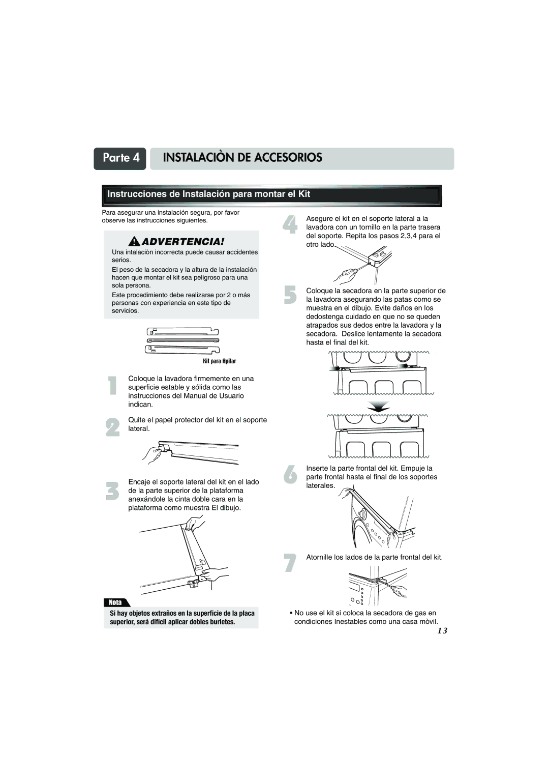 LG Electronics TD-V10155G, TD-V10159G, TD-V10150G manual Parte 4 Instalaciòn DE Accesorios 