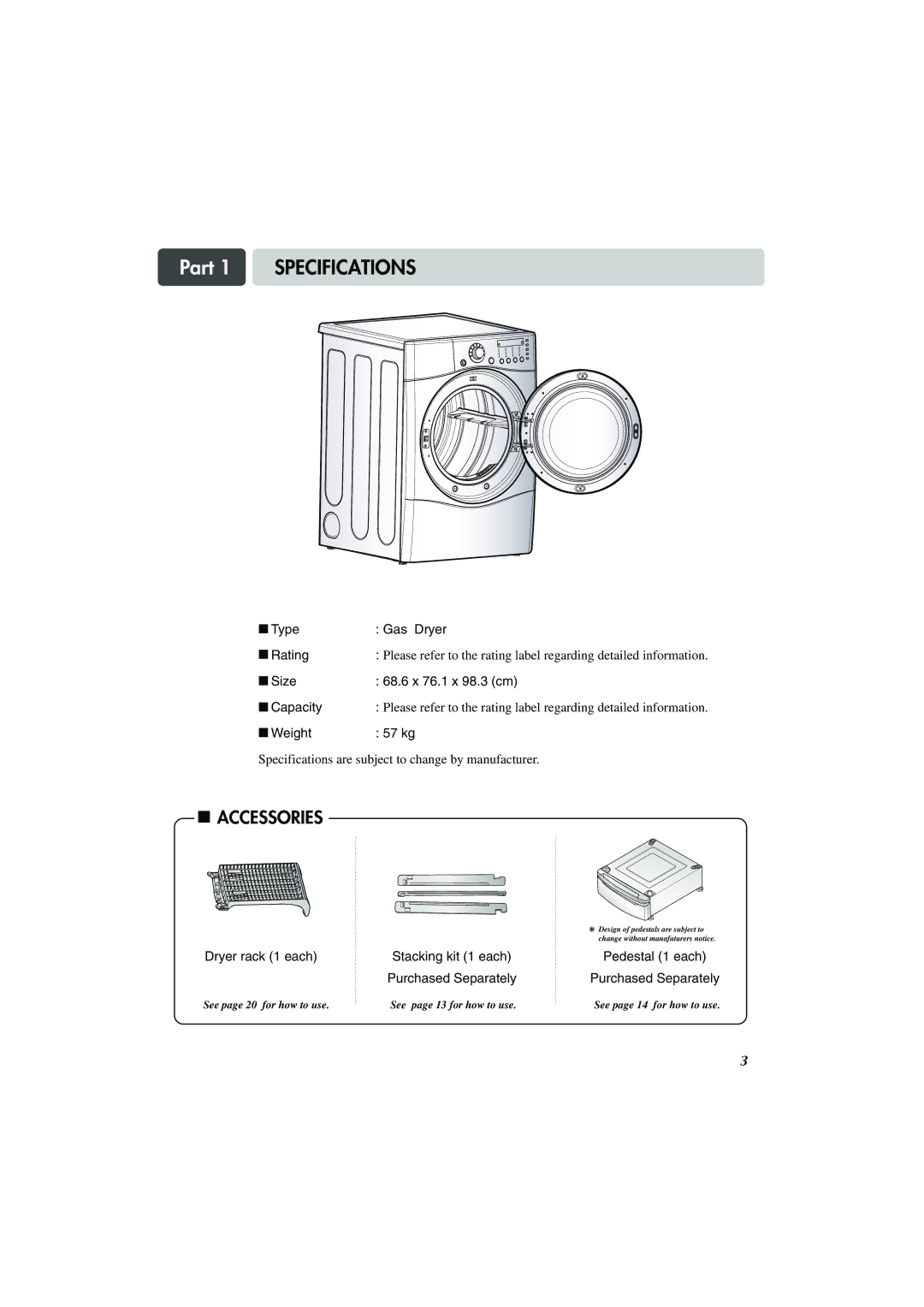 LG Electronics TD-V10159G, TD-V10155G, TD-V10150G manual Part 1 Specifications, Accessories 