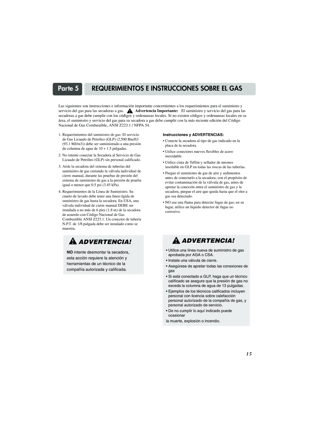 LG Electronics TD-V10150G, TD-V10155G Parte 5 Requerimientos E Instrucciones Sobre EL GAS, Instrucciones y Advertencias 