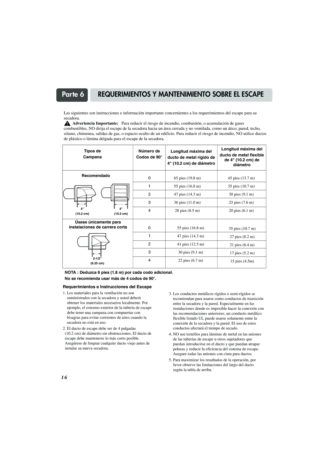 LG Electronics TD-V10155G, TD-V10159G, TD-V10150G manual Parte 6 Requerimientos Y Mantenimiento Sobre EL Escape 