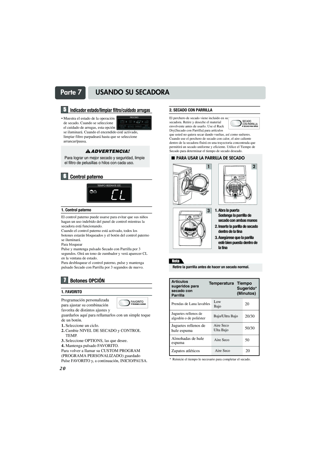 LG Electronics TD-V10159G, TD-V10155G, TD-V10150G Control paterno, Botones Opción, Temperatura Tiempo, Sugerido, Minutos 