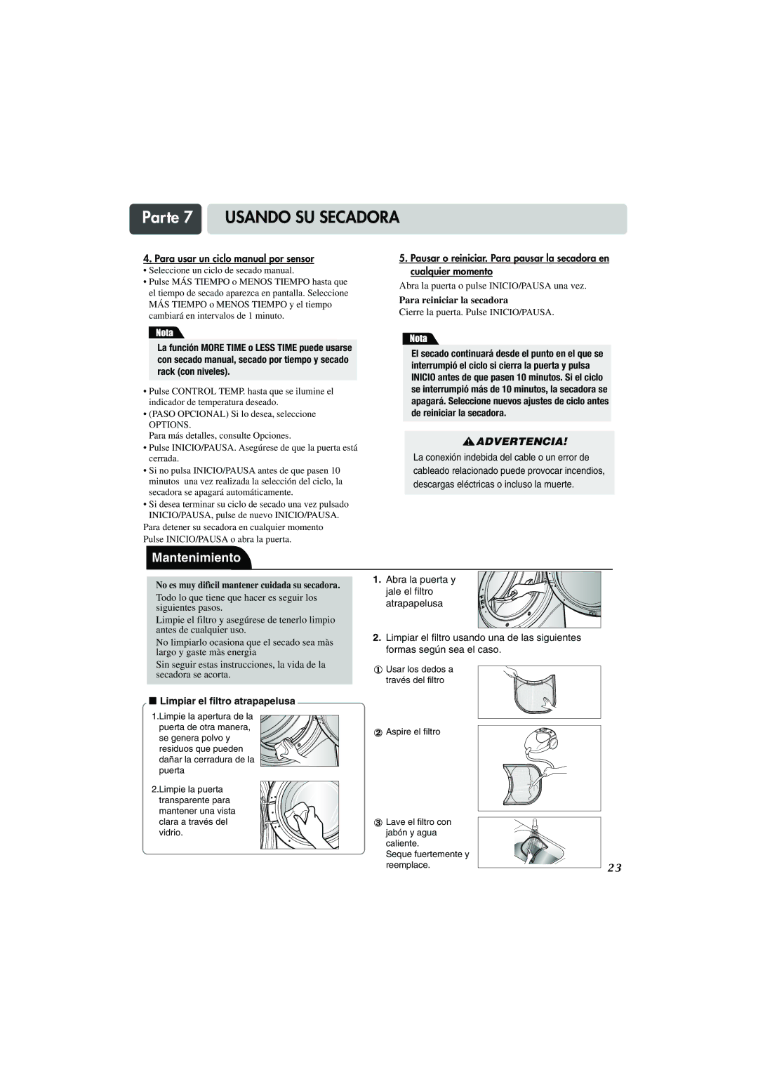 LG Electronics TD-V10159G, TD-V10155G, TD-V10150G manual Mantenimiento, Limpiar el filtro atrapapelusa 