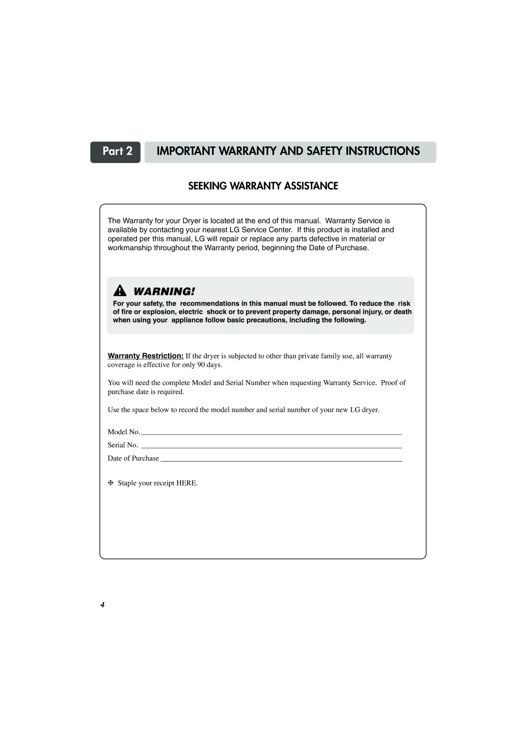 LG Electronics TD-V10150G, TD-V10155G manual Part 2 Important Warranty and Safety Instructions, Seeking Warranty Assistance 