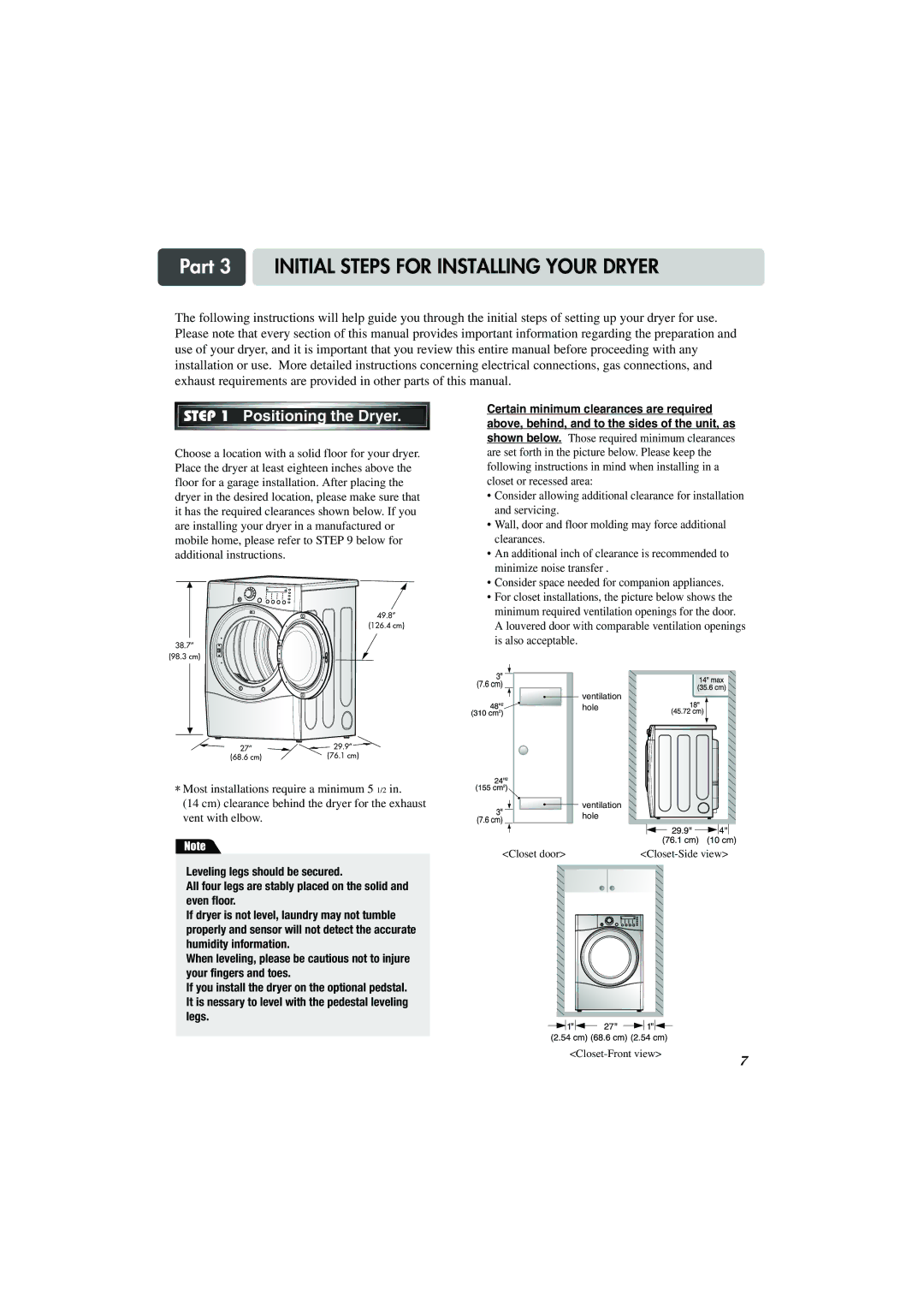 LG Electronics TD-V10150G, TD-V10155G, TD-V10159G Part 3 Initial Steps for Installing Your Dryer, Positioning the Dryer 