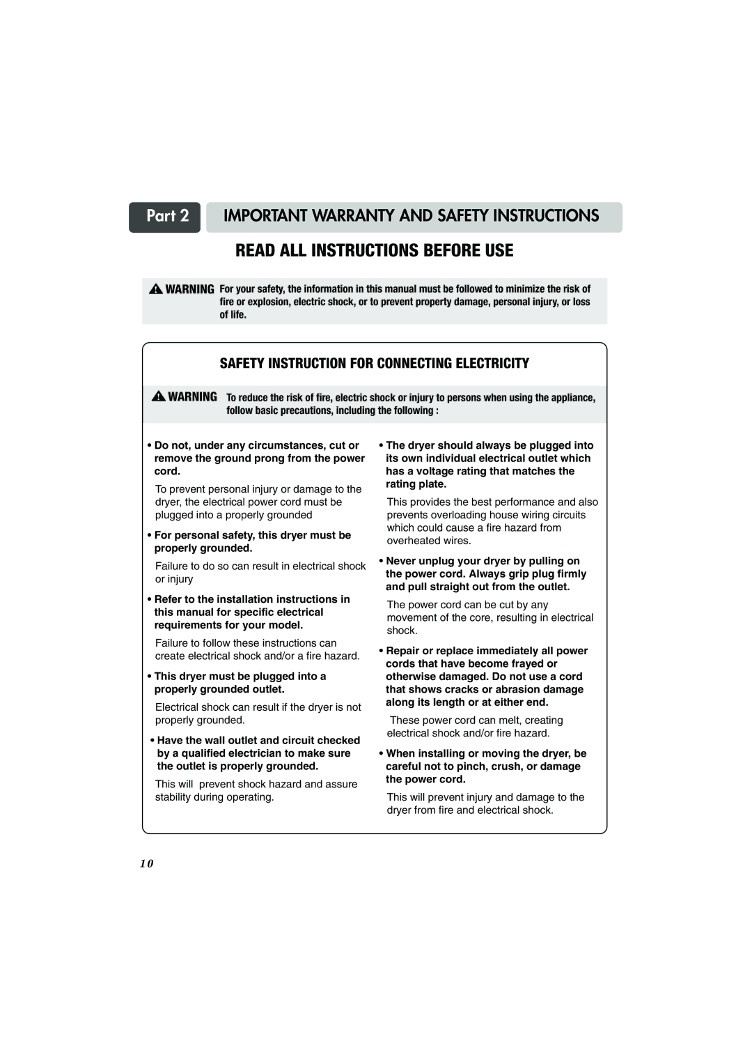 LG Electronics TD-V14247E, TD-V14247G, TD-V10247G manual Safety Instruction for Connecting Electricity 