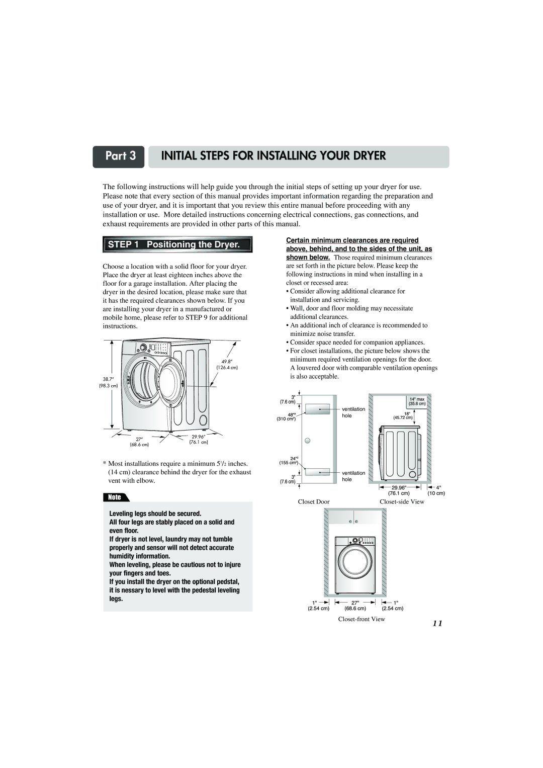 LG Electronics TD-V10247G, TD-V14247G, TD-V14247E Part 3 Initial Steps for Installing Your Dryer, Positioning the Dryer 