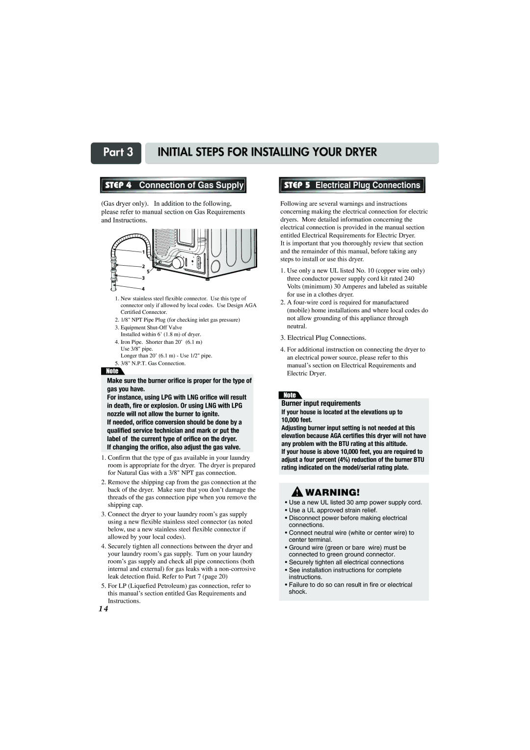 LG Electronics TD-V10247G, TD-V14247G, TD-V14247E manual Connection of Gas Supply, Electrical Plug Connections 