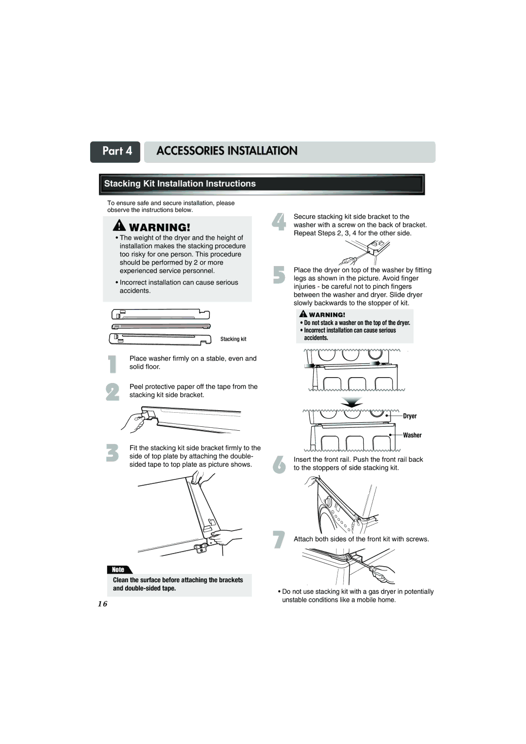 LG Electronics TD-V14247E, TD-V14247G, TD-V10247G Part 4 Accessories Installation, Stacking Kit Installation Instructions 