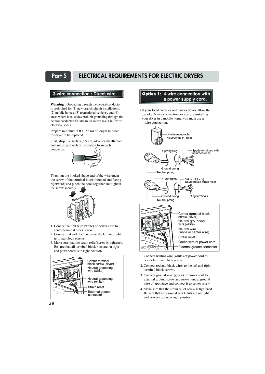 LG Electronics TD-V10247G, TD-V14247G, TD-V14247E manual Option 1 4-wire connection with a power supply cord 