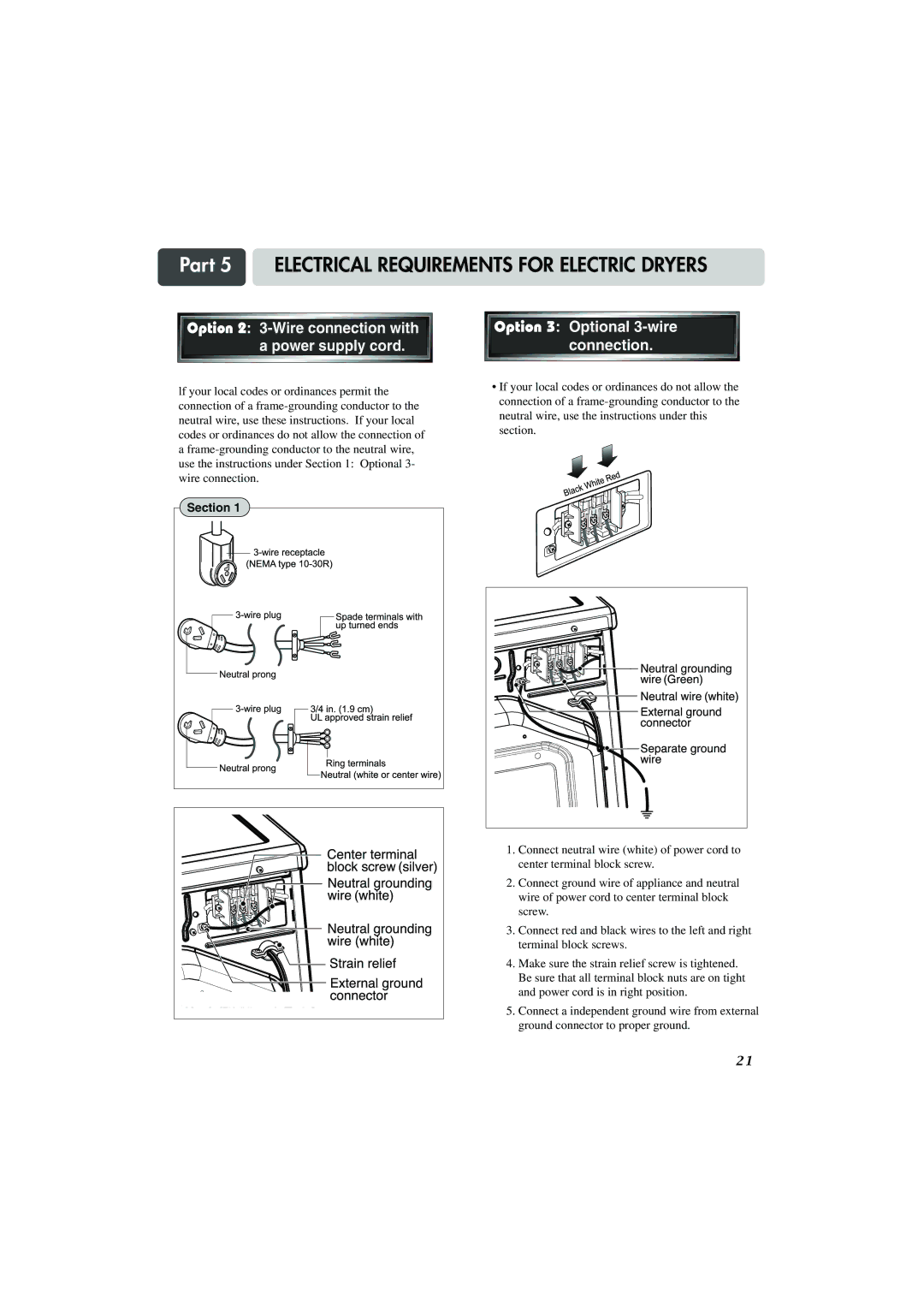 LG Electronics TD-V14247G manual Connection, Option 2 3-Wire connection with a power supply cord, Option 3 Optional 3-wire 