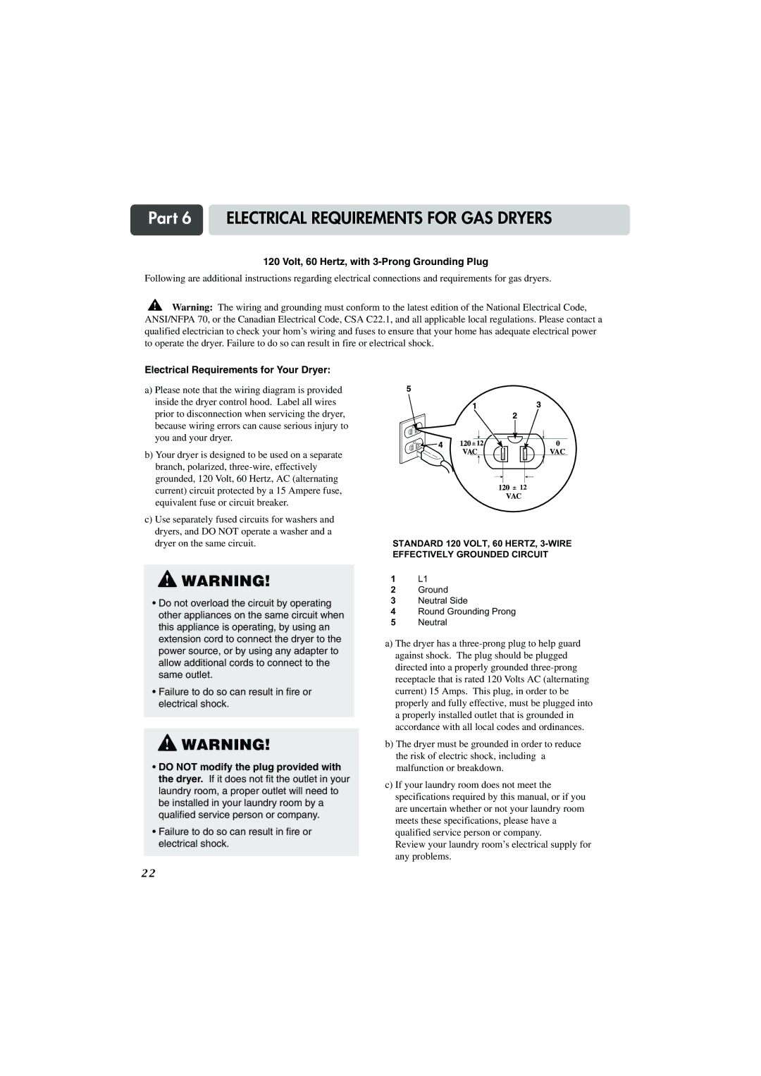 LG Electronics TD-V14247E manual Part 6 Electrical Requirements for GAS Dryers, Volt, 60 Hertz, with 3-Prong Grounding Plug 