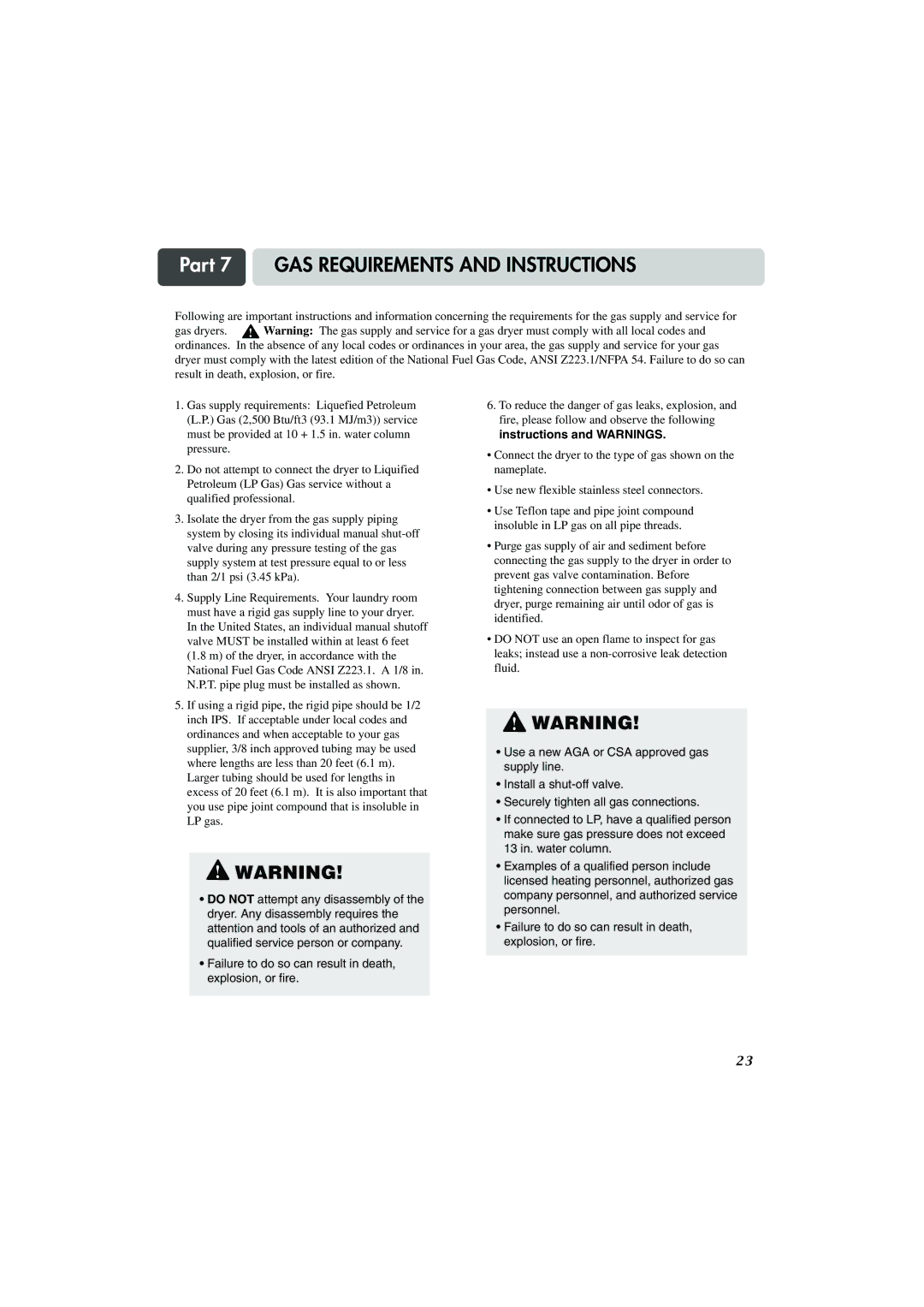 LG Electronics TD-V10247G, TD-V14247G, TD-V14247E manual Part 7 GAS Requirements and Instructions 