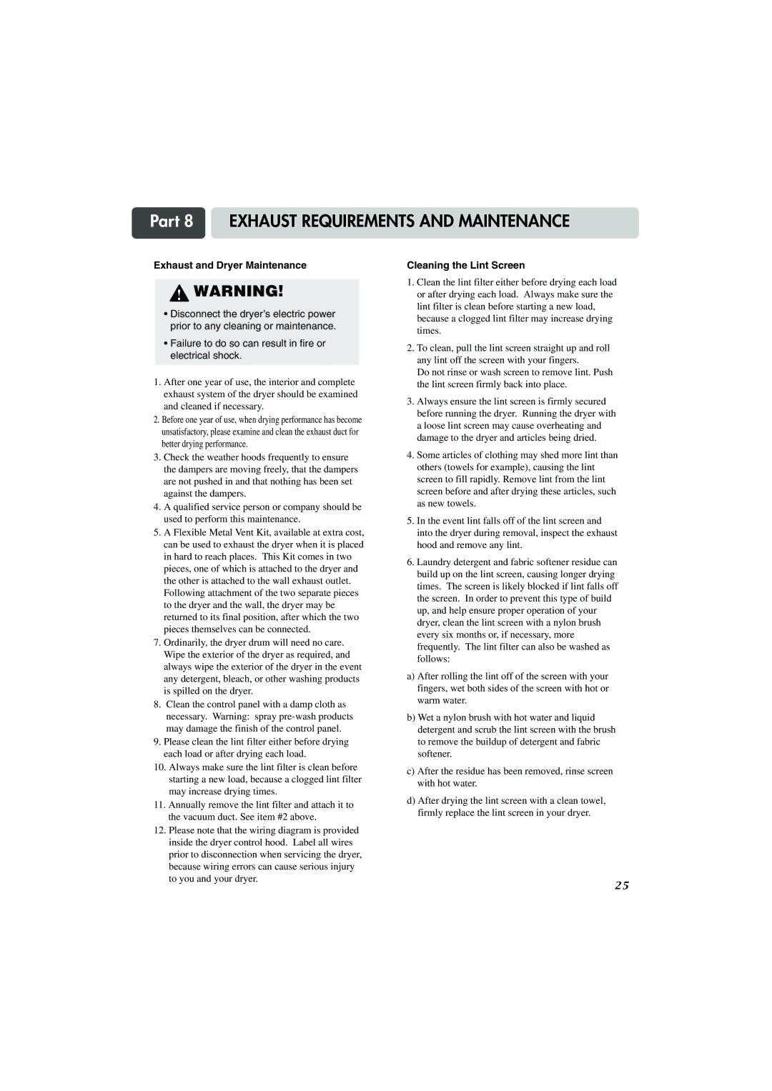 LG Electronics TD-V14247E, TD-V14247G, TD-V10247G manual Exhaust and Dryer Maintenance, Cleaning the Lint Screen 