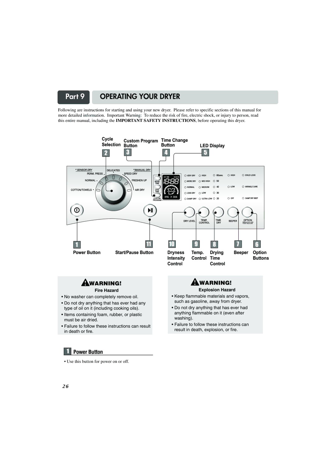 LG Electronics TD-V10247G, TD-V14247G, TD-V14247E Part 9 Operating Your Dryer, Power Button, Fire Hazard, Explosion Hazard 