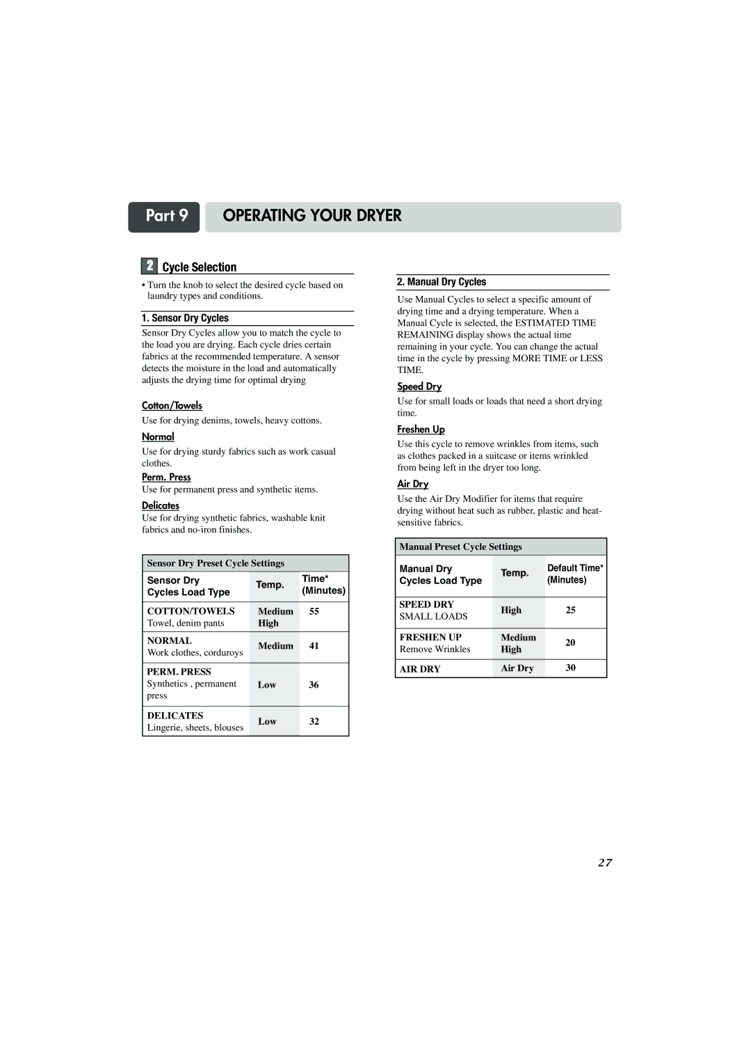 LG Electronics TD-V14247G, TD-V14247E manual Cycle Selection, Sensor Dry Temp Time Cycles Load Type Minutes, Manual Dry Temp 