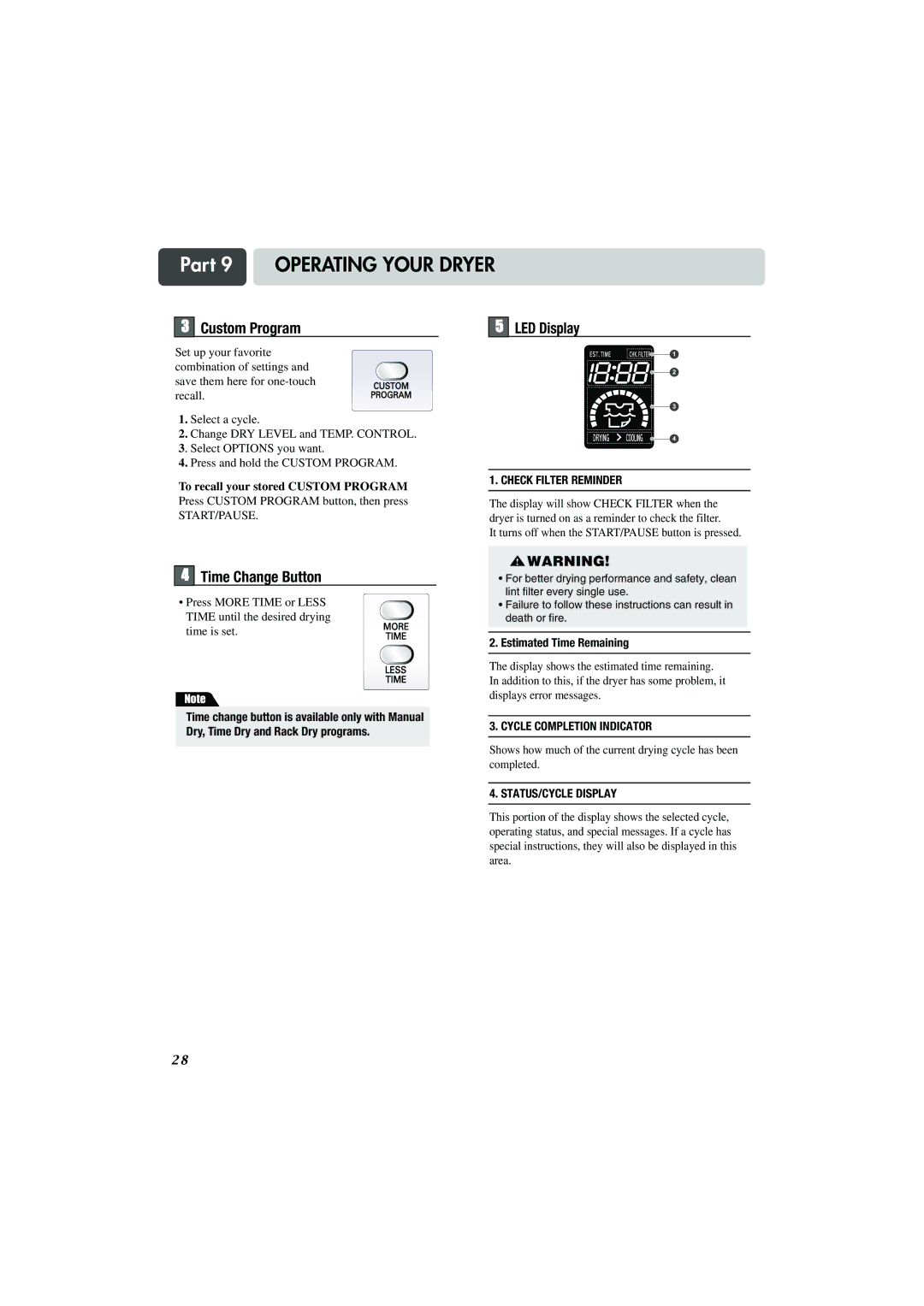 LG Electronics TD-V14247E, TD-V14247G, TD-V10247G Custom Program, Time Change Button, LED Display, Estimated Time Remaining 