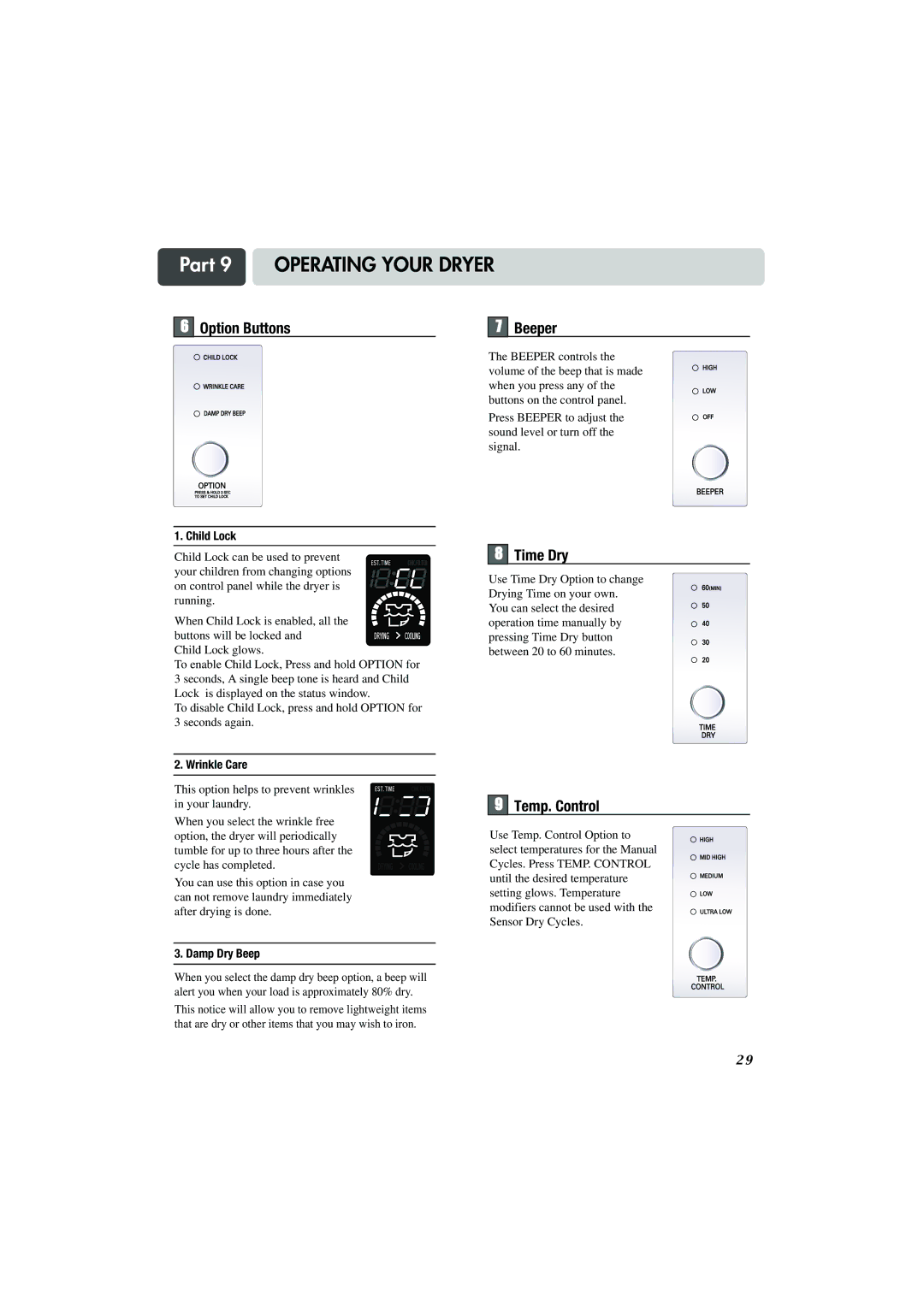 LG Electronics TD-V10247G, TD-V14247G, TD-V14247E manual Option Buttons, Beeper, Time Dry, Temp. Control 