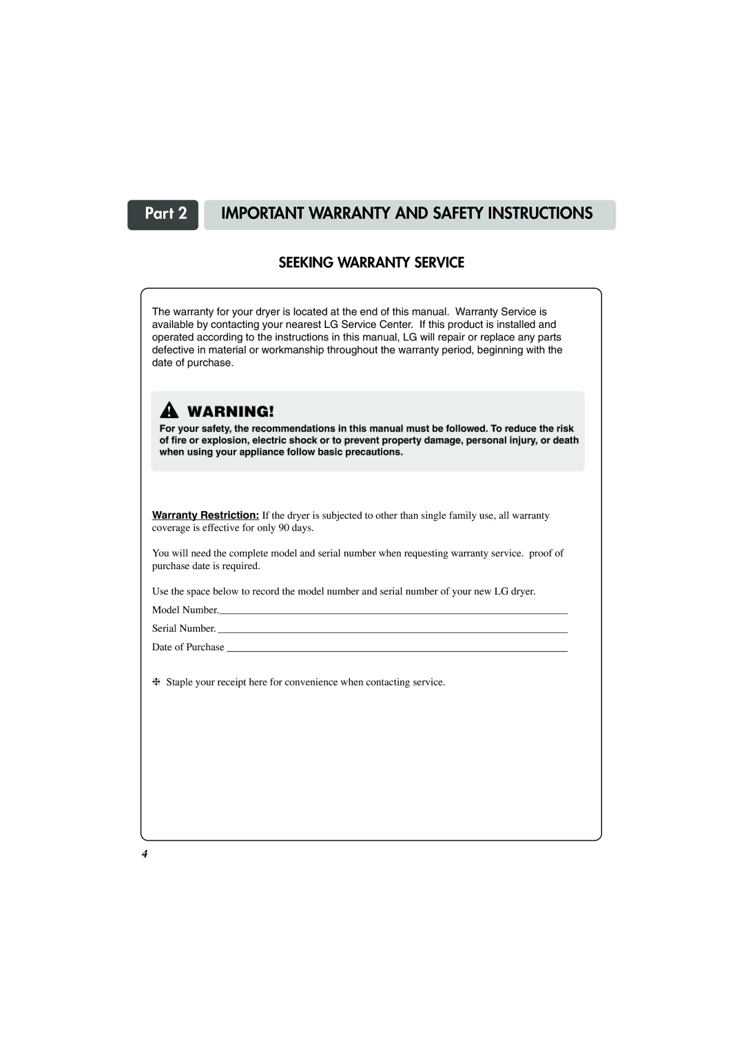 LG Electronics TD-V14247E, TD-V14247G manual Part 2 Important Warranty and Safety Instructions, Seeking Warranty Service 