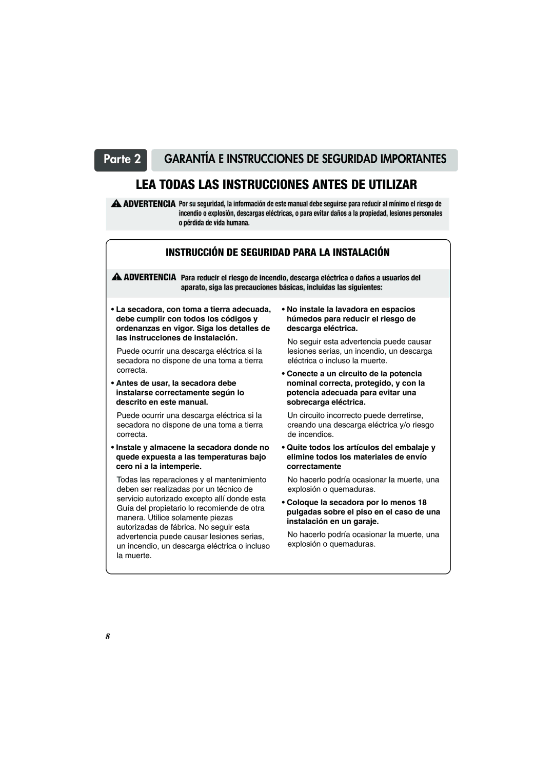 LG Electronics TD-V14247G, TD-V14247E, TD-V10247G manual Instrucción DE Seguridad Para LA Instalación 