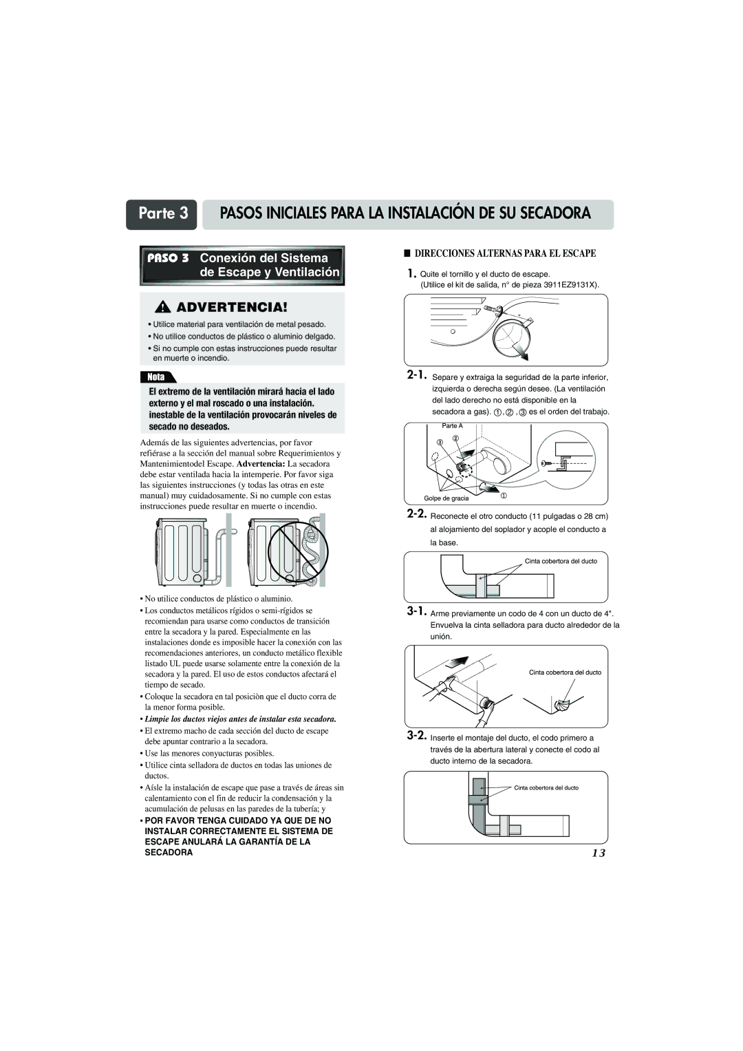 LG Electronics TD-V10247G, TD-V14247G, TD-V14247E manual Advertencia, Paso 3 Conexión del Sistema de Escape y Ventilación 